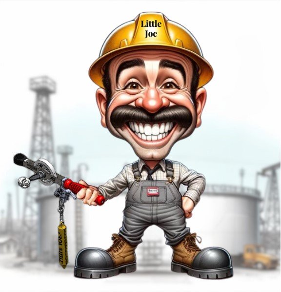 Caricature of a smiling man with a mustache and beard, wearing a yellow hard hat labeled 'Little Joe', gray work overalls, and brown work boots, holding a pipe wrench in his right hand, set against an industrial background.