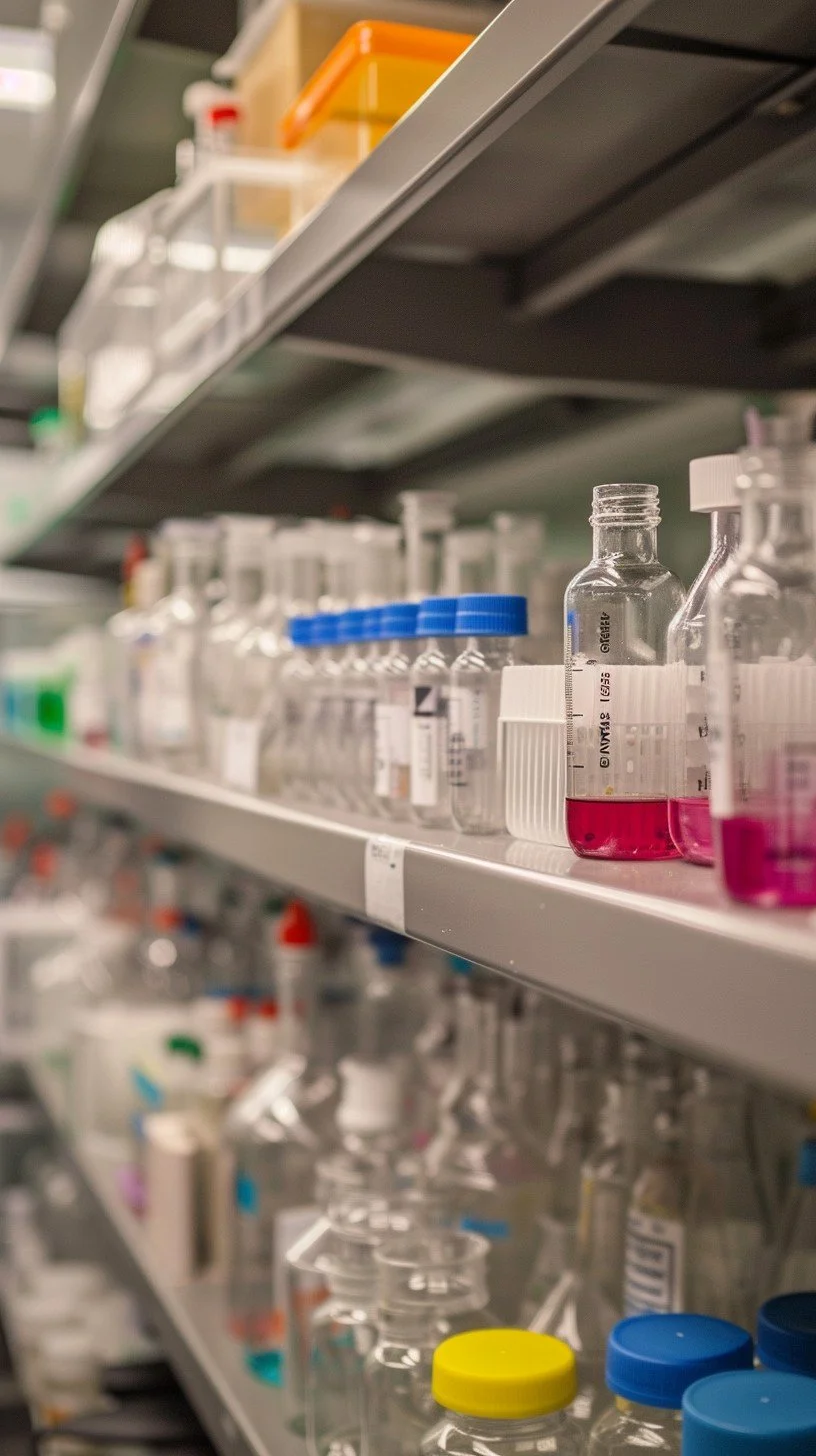 Shelf with chemicals in small bottles