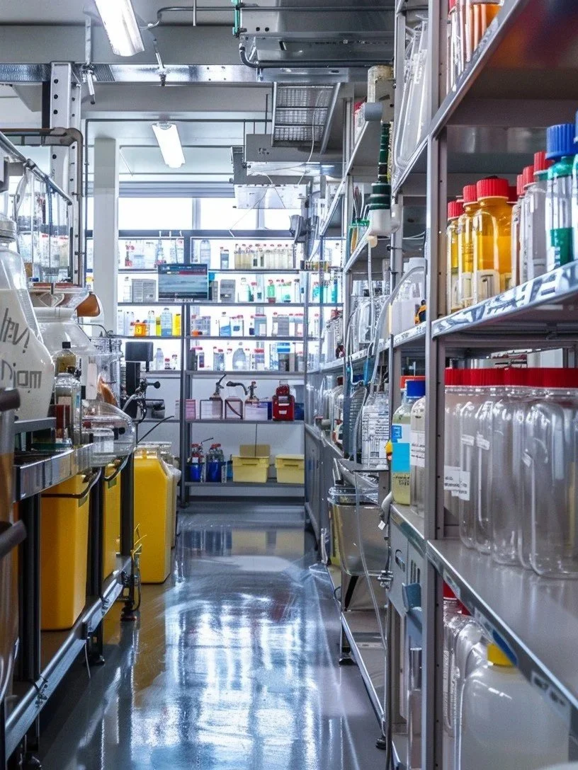 A sterile laboratory aisle with shelves filled with chemicals, lab equipment, and containers, illuminated by overhead lights, with a window at the end.