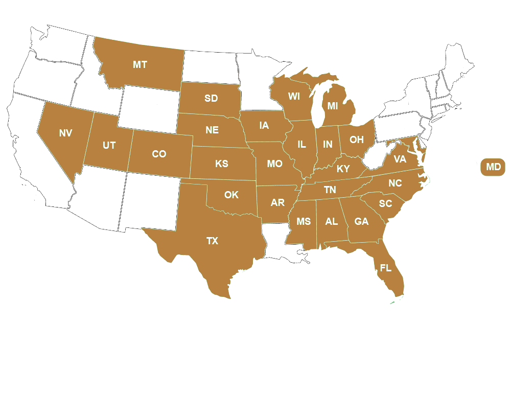Map of the United States with most states in brown and some states in black, showing state abbreviations and Maryland highlighted.
