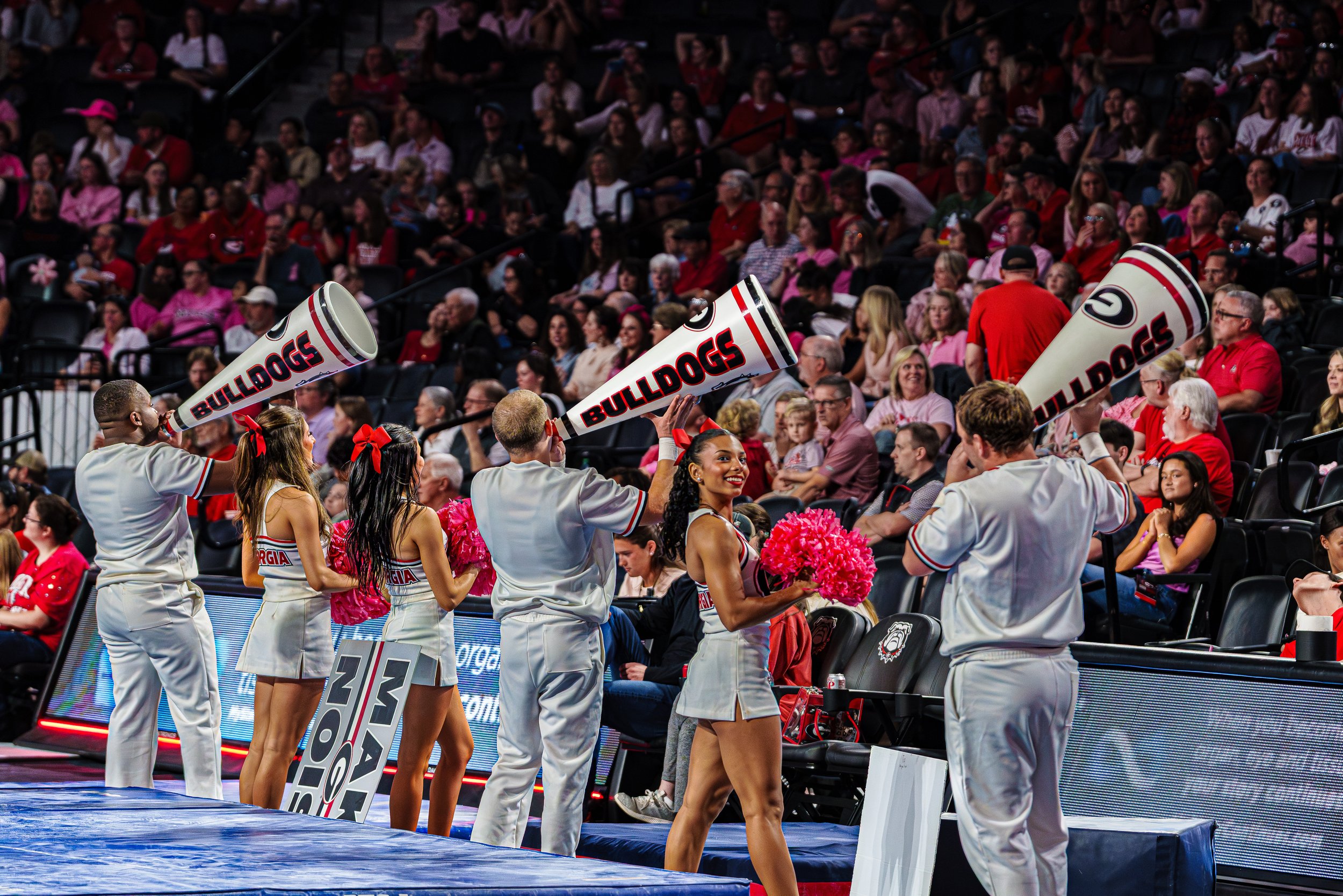 Cheerleaders and fans at a sports event with cheerleaders holding pom-poms and fans seated in the stands.