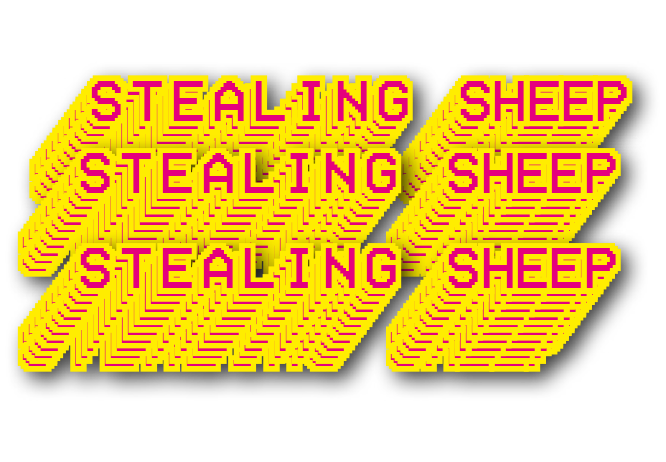 Text graphic with the words "STEALING SHEEP" repeated three times in pink font with yellow and black outlines on a black background.