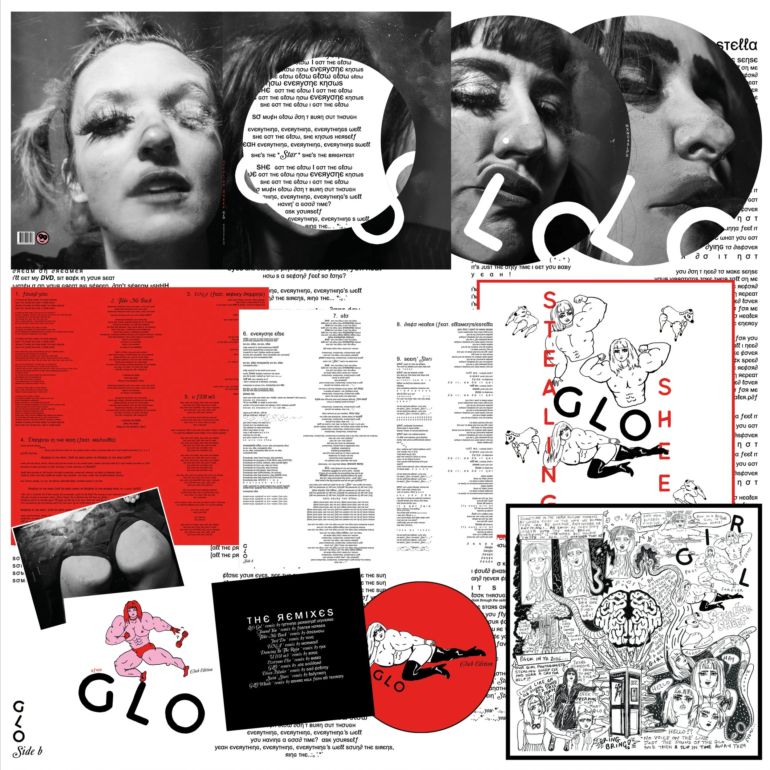 A collage of various black-and-white and colored images, including close-up portraits of women, handwritten text, illustrations of women with muscular bodies, abstract designs, and album cover art, featuring the word "GLO" prominently.