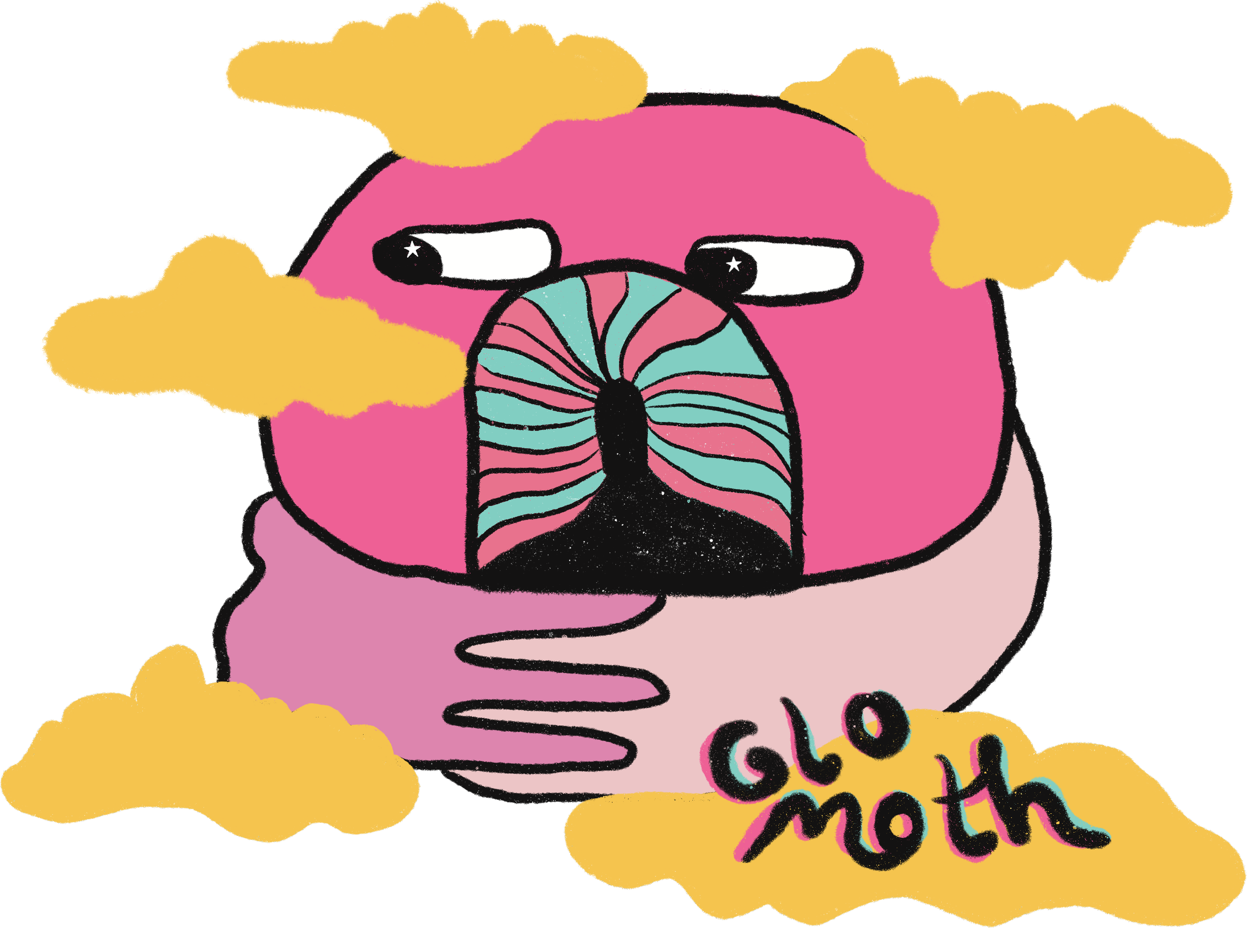 A colorful cartoon illustration of a pink creature with a spiral-patterned nose, black eyes with star highlights, and yellow clouds surrounding it. The creature has a hand near its neck and the words 'GLO MOTH' written at the bottom.