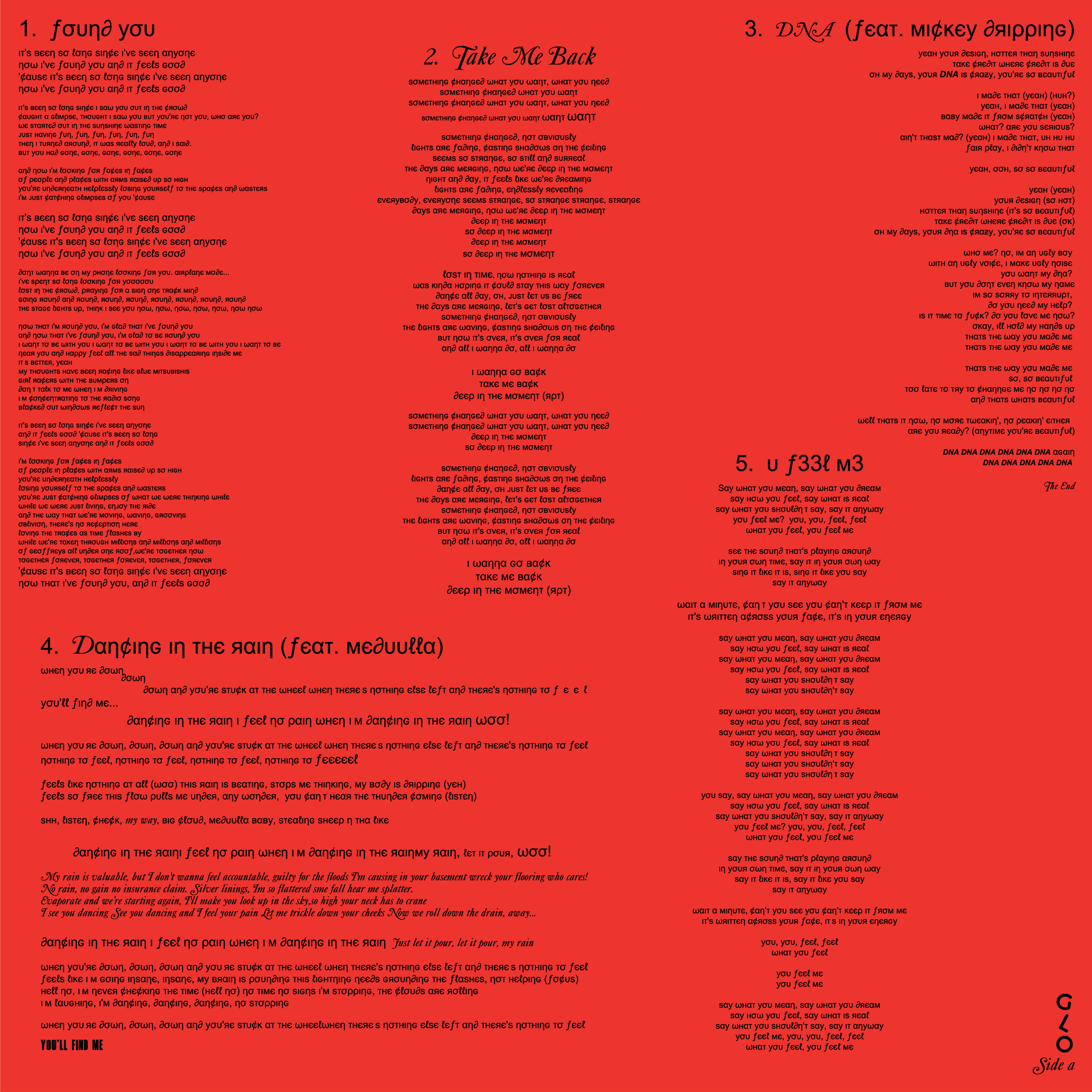 Red background with lyrics of five songs in various fonts and sizes, organized into numbered sections. Sections include song titles and lyrics, some featuring stylized or cursive font, with the bottom right corner marked 'Side A' and 'GLO' vertically.
