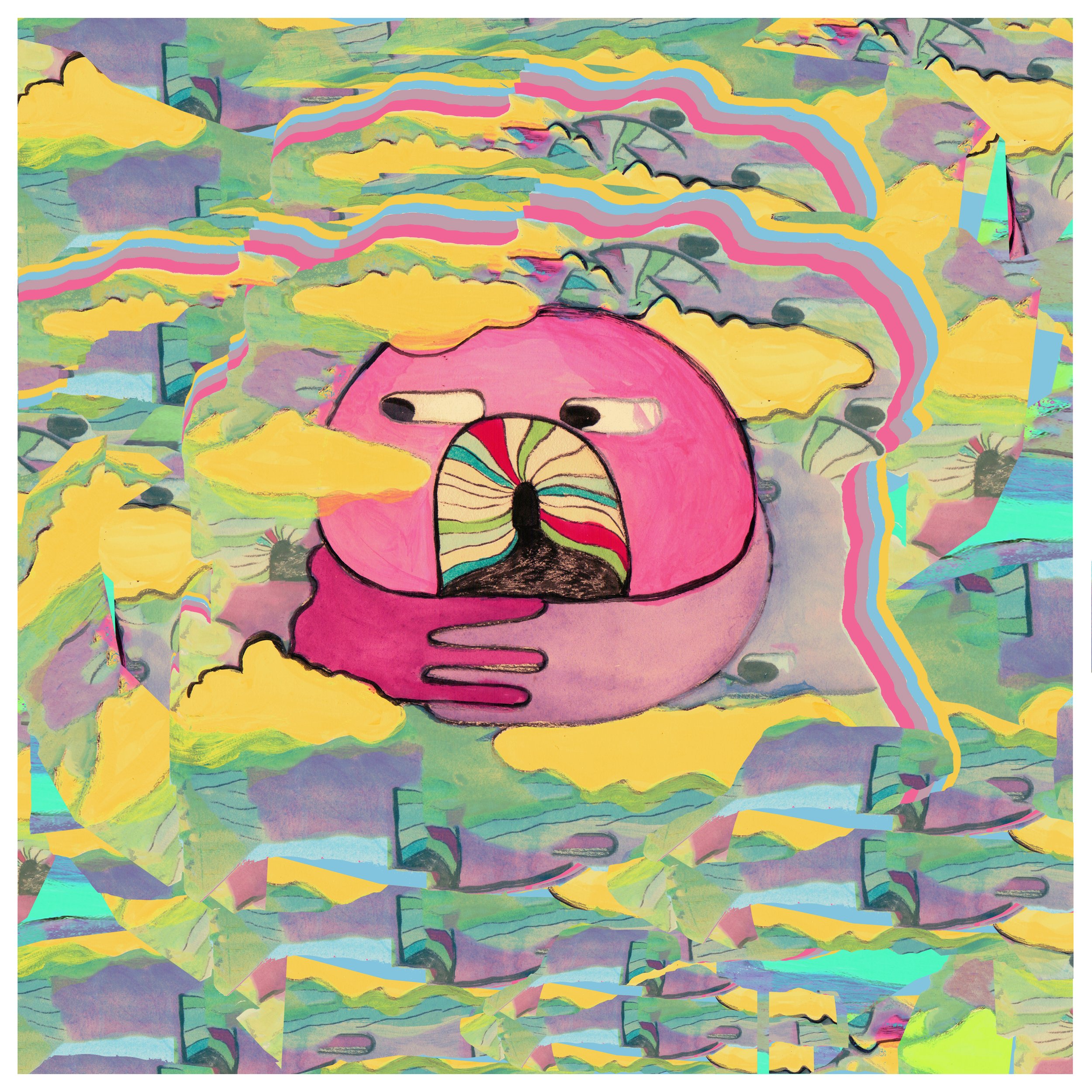 A colorful abstract drawing of a pink bear with a rainbow-colored nose, surrounded by yellow clouds and rainbow streams, with a spiral pathway leading to its nose.