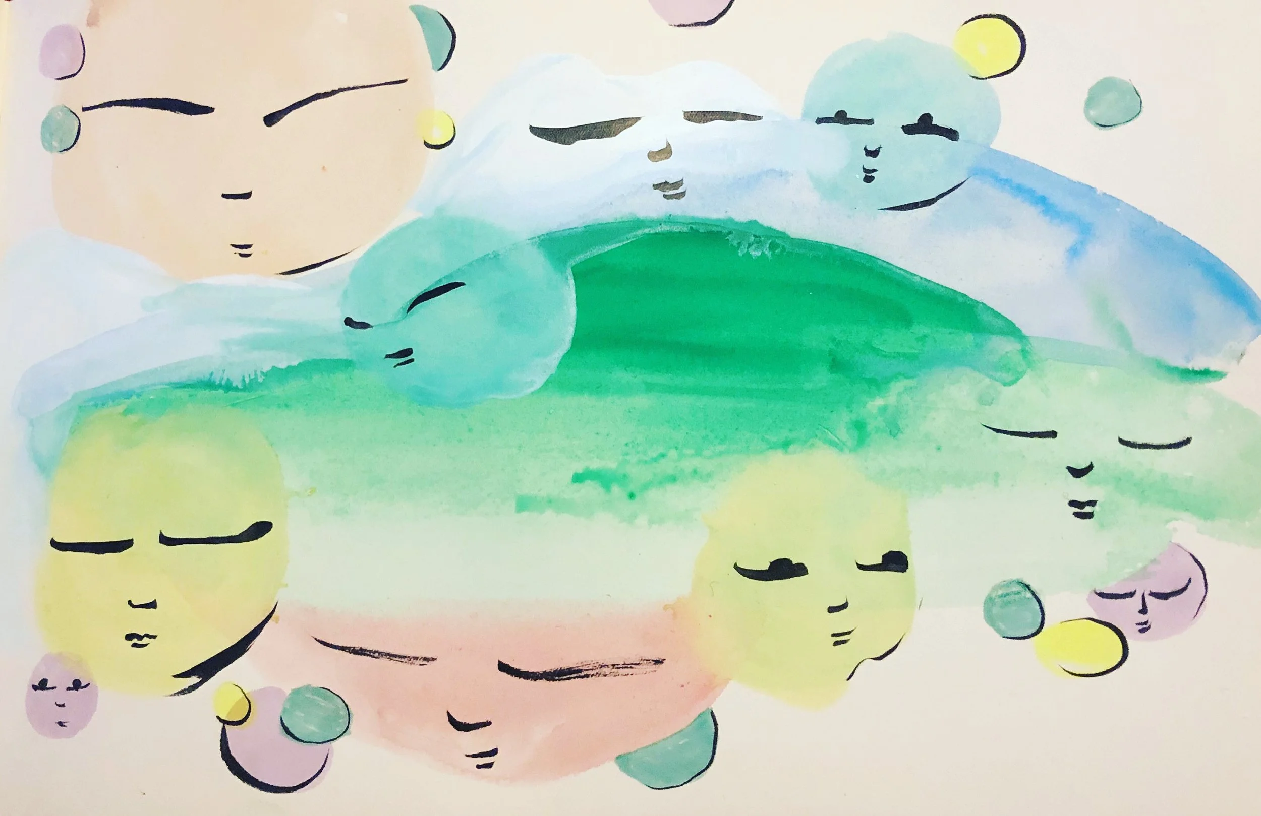 Watercolor painting of abstract faces with closed eyes, surrounded by colorful bubbles and soft pastel colors.