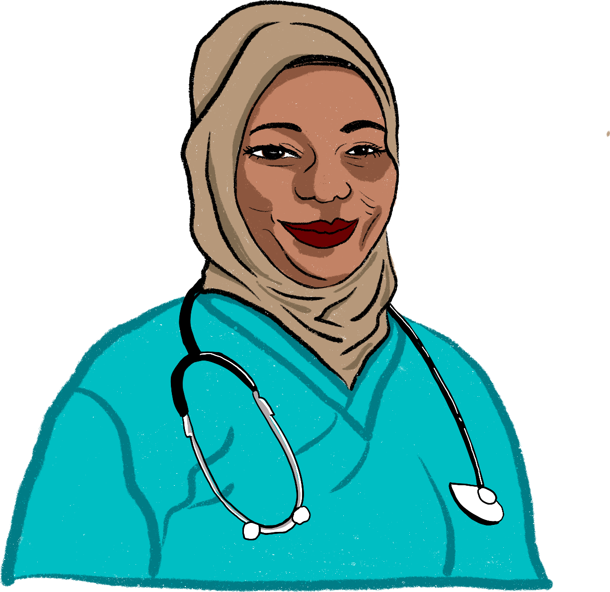 Illustration of a female healthcare professional wearing a hijab and a stethoscope around her neck, smiling.