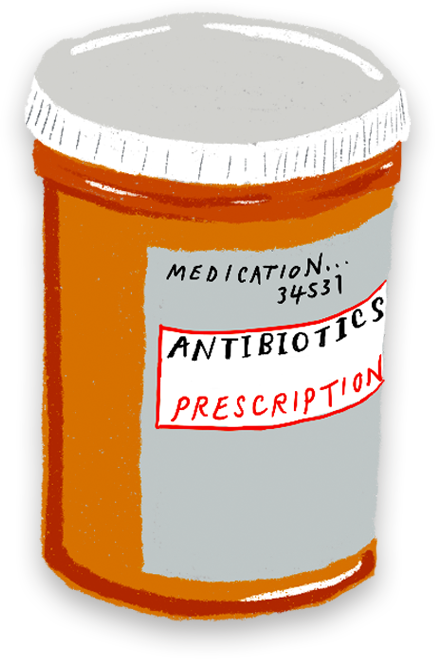 Illustration of a prescription medication bottle labeled 'ANTIBIOTICS' and 'PRESCRIPTION' with a white cap.