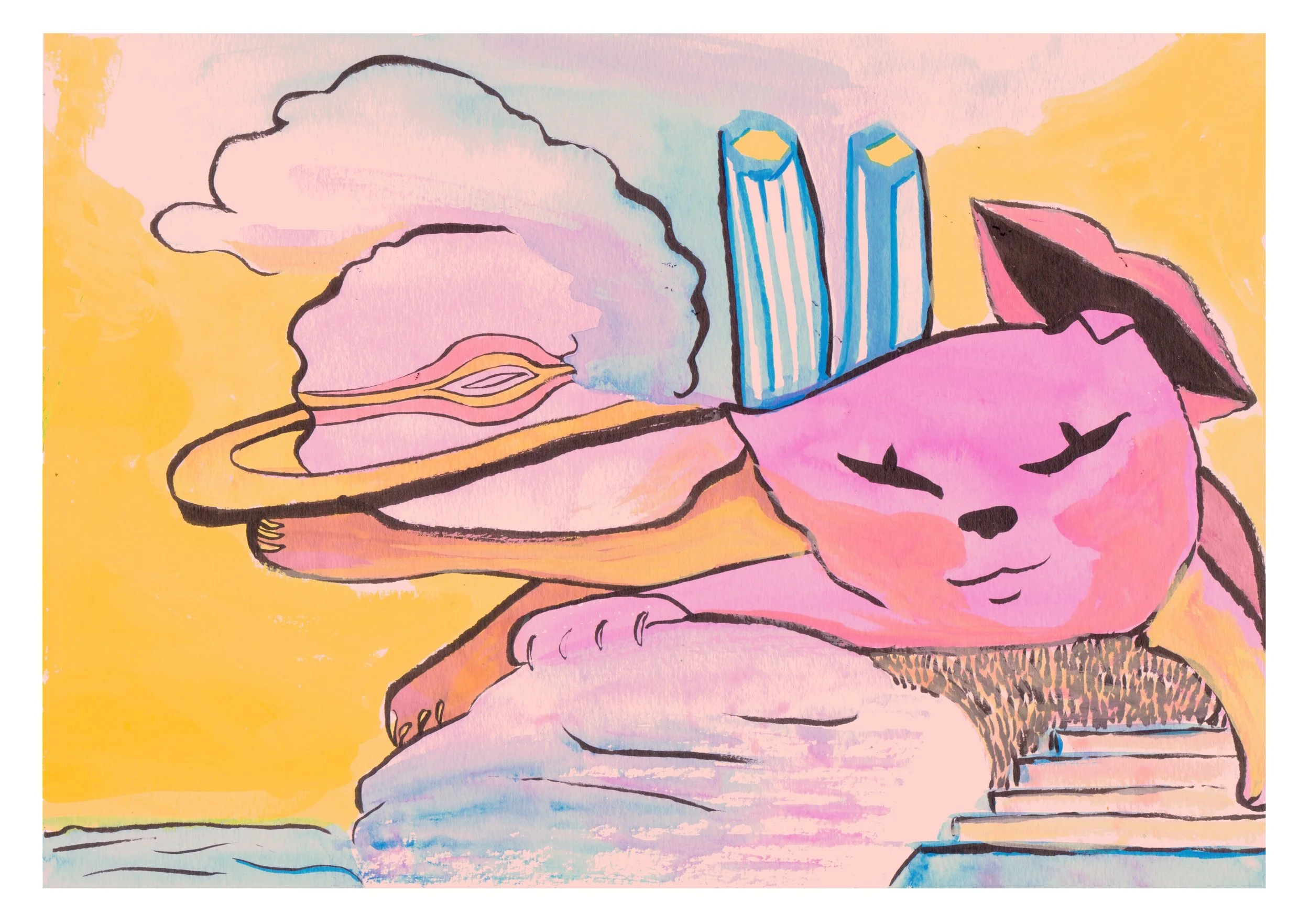An illustration of a pink cat with closed eyes resting its head on a staircase. The cat wears black sunglasses and has a spiked collar. In the background, there are a rainbow-colored cloud, two tall blue striped buildings, and a yellow sky.
