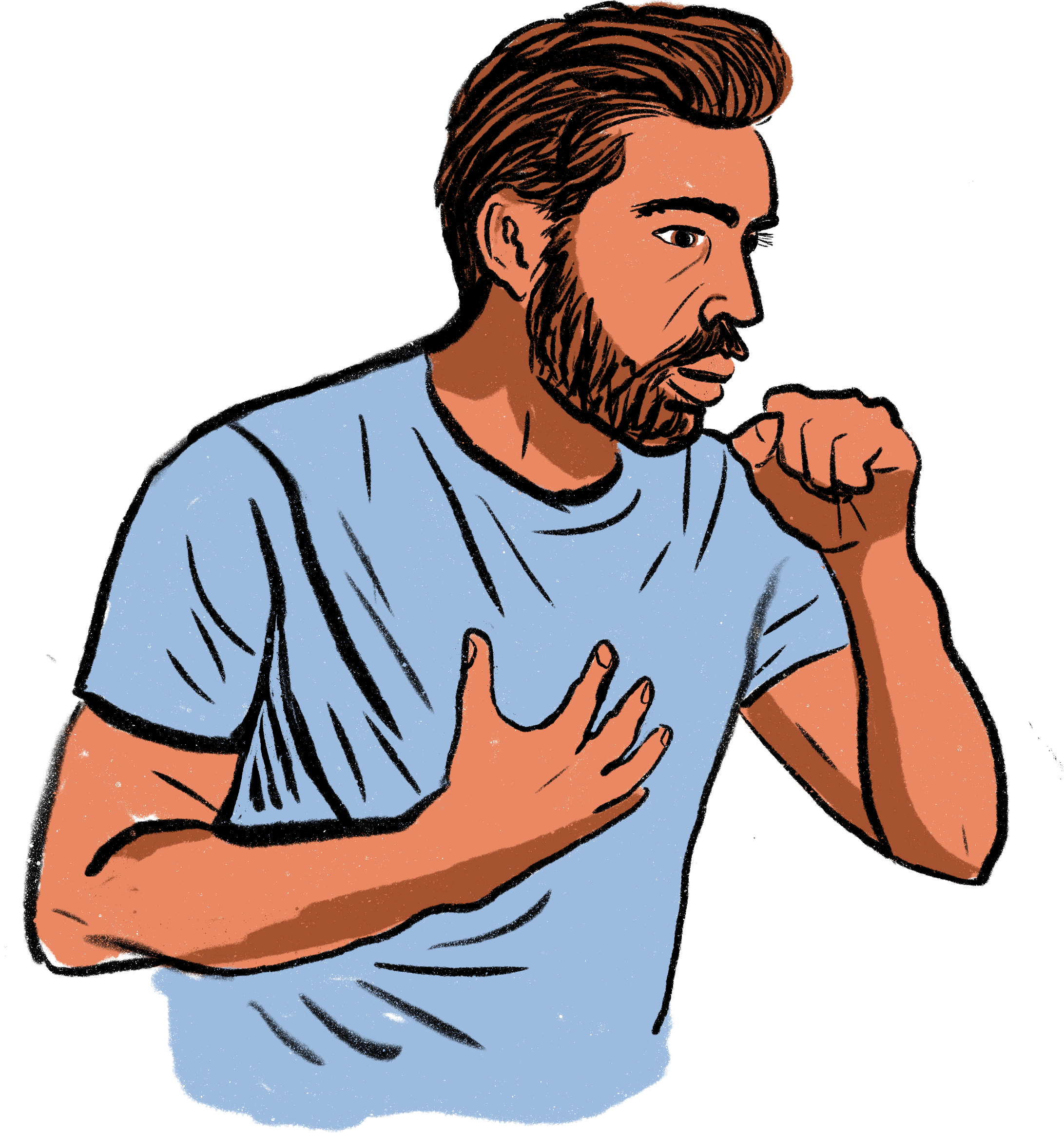 An illustrated man with a beard in a blue shirt showing concern or pain, holding his hand on his chest and touching his face, against a black background.