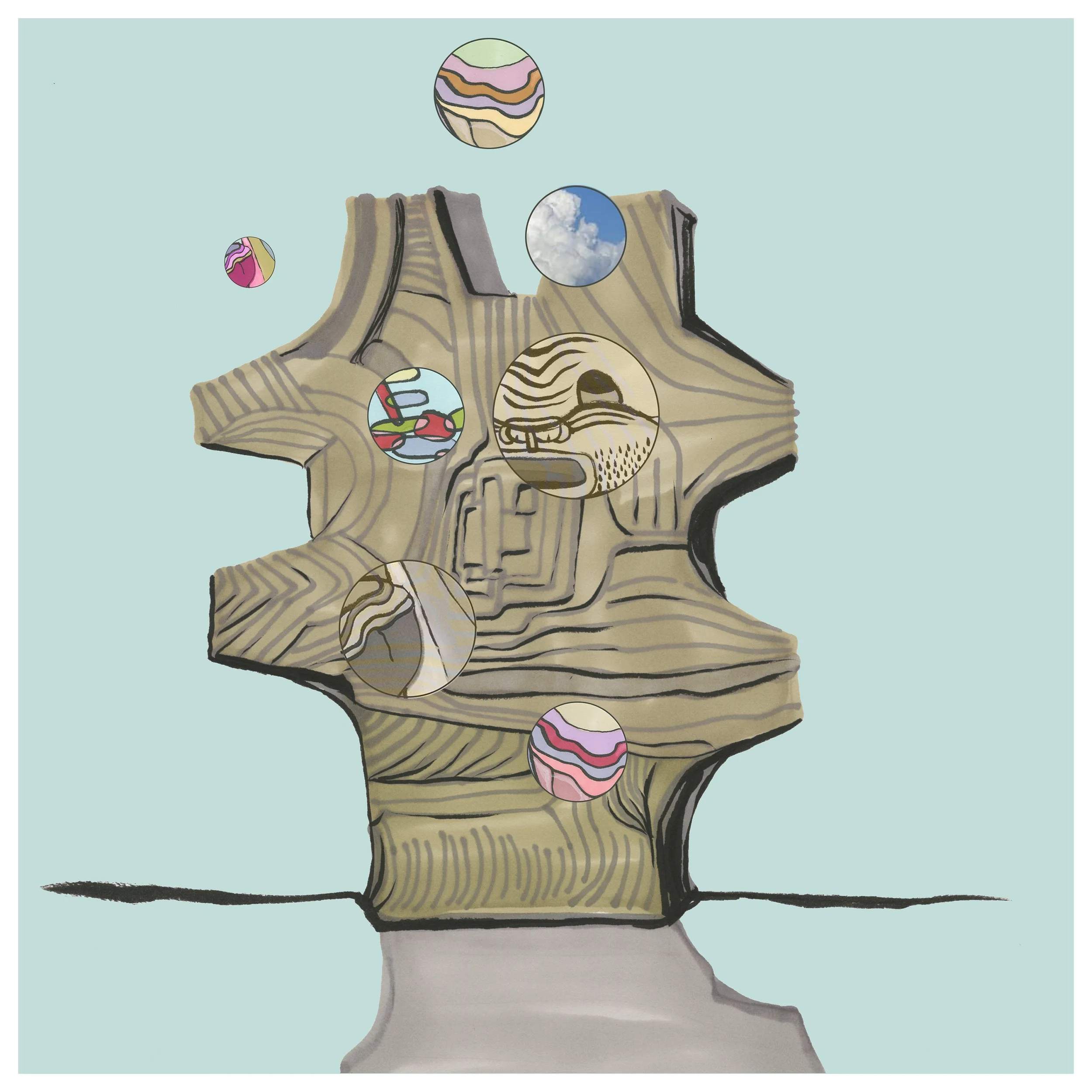 Illustration of a wooden sculpture with circular, colorful, and cloud-patterned objects floating around it against a light blue background.