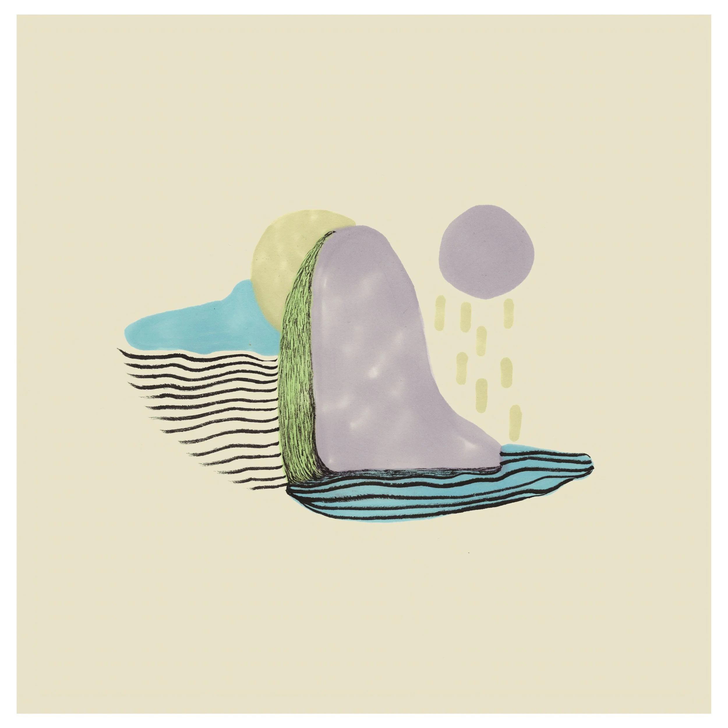 Abstract artwork featuring a large gray and purple mountain with layered patterns, a yellow sphere, a blue shape, and a purple circle with falling dotted lines, all on a light beige background.