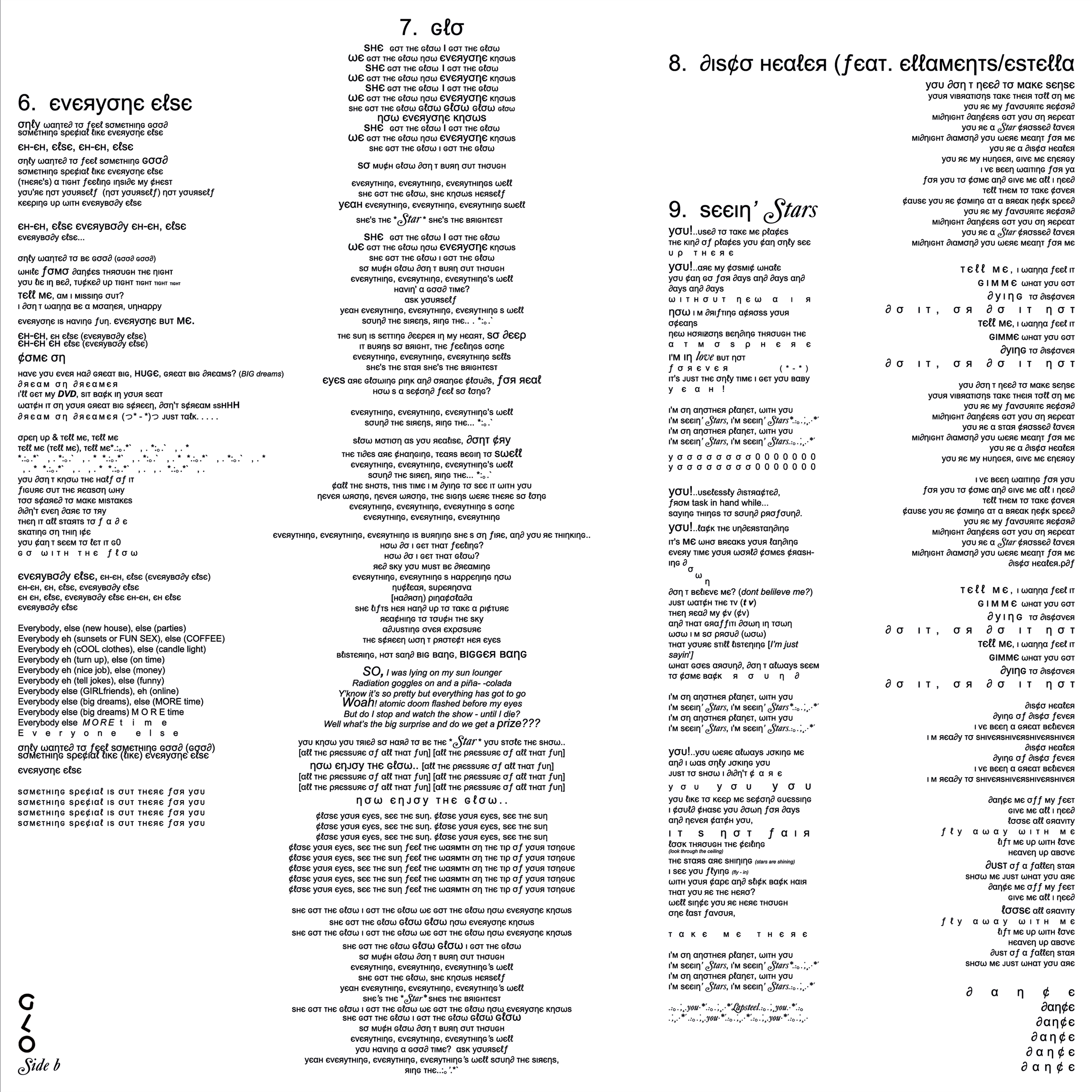 Black and white text-based poem or song lyrics in reversed order, with some phrases highlighted or emphasized.