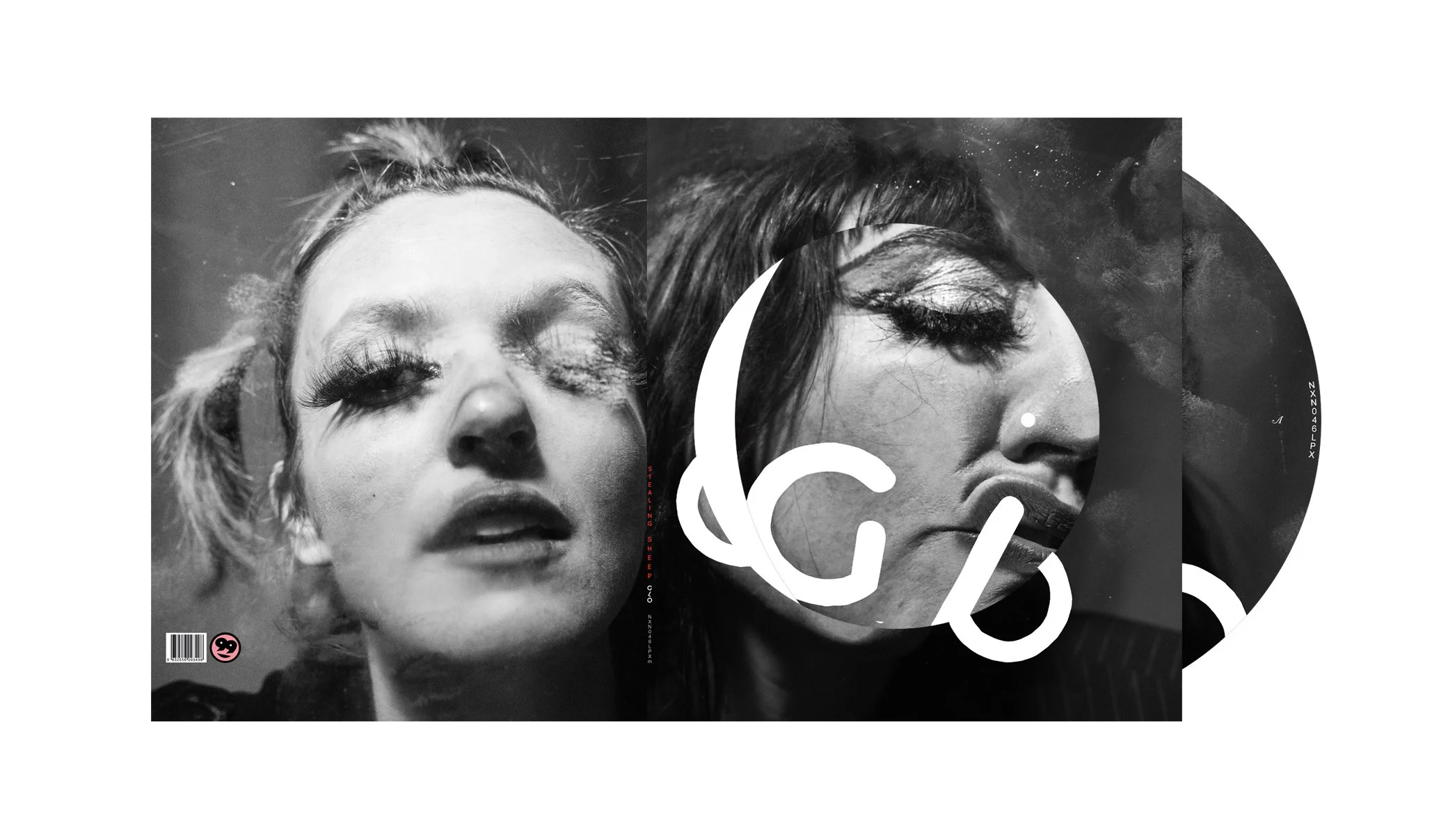 Black and white photo of two women with makeup and closed eyes, with a stylized letter design overlayed.