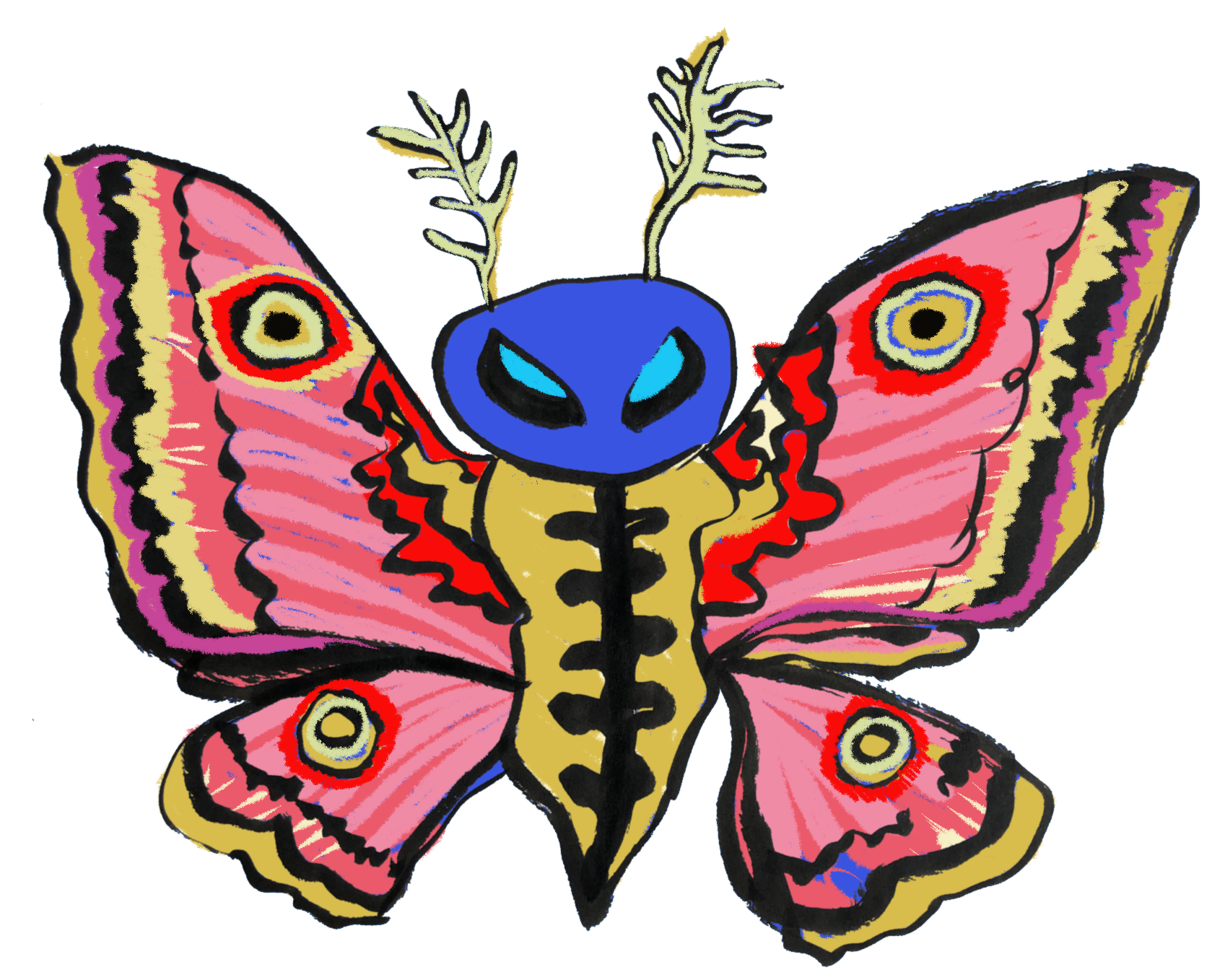 Colorful illustration of a moth with a blue head, green antennae, pink and yellow wings with eye-like patterns, and a yellow and black body.