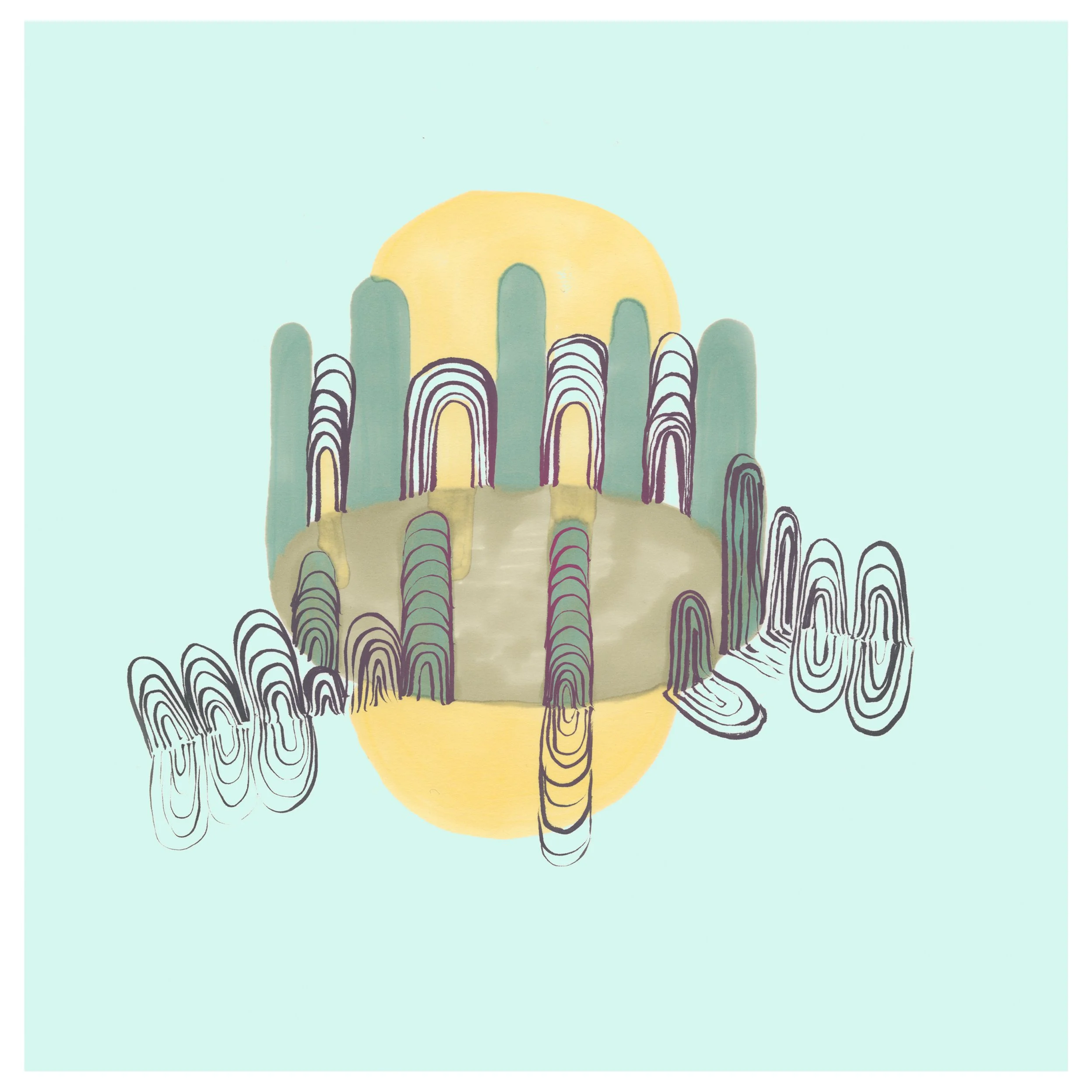 Abstract artwork featuring a central yellow shape with green and purple arches and black-lined patterns against a light blue background.