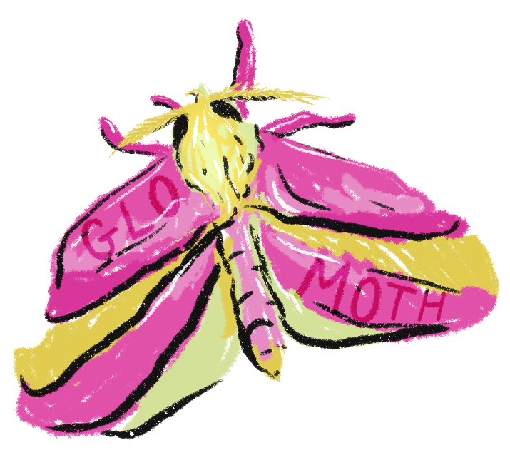 A drawing of a moth with pink wings and yellow body, with the words 'GFL' and 'MOTH' written on the wings.