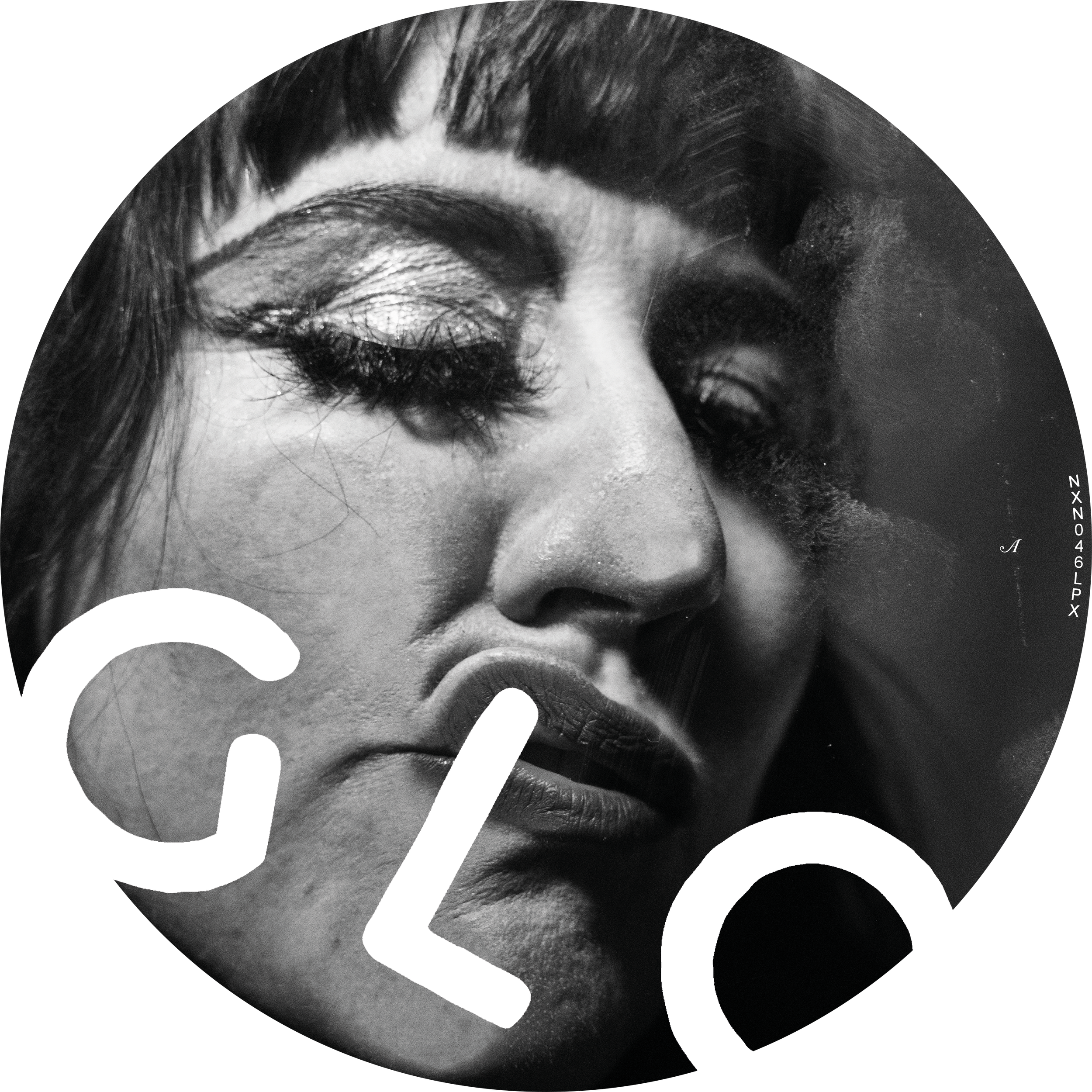 Black and white portrait of a woman with makeup, partially obscured by large, bold letters 'C', 'L', and 'O' overlaying her face.