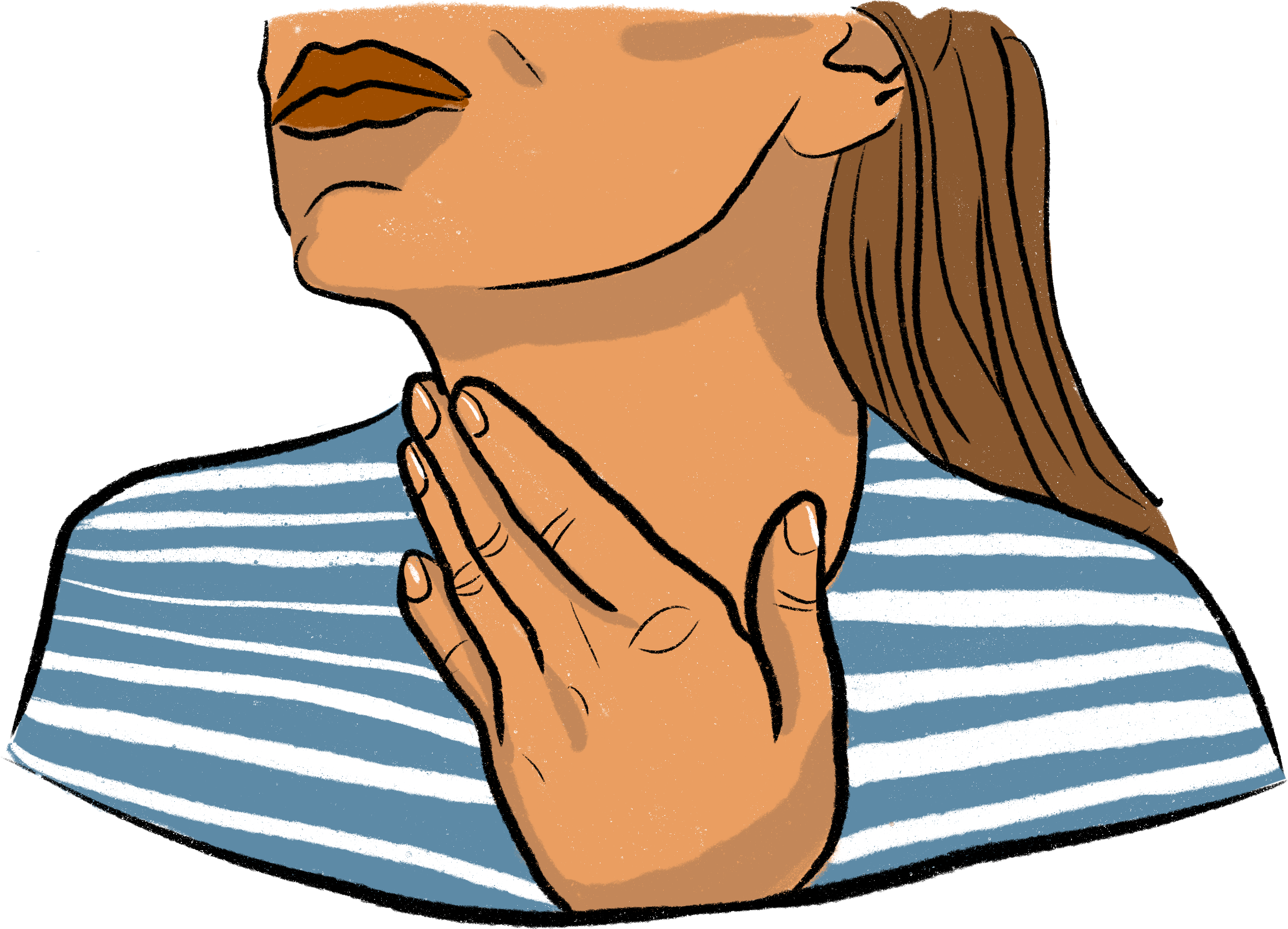 Close-up of a woman with light brown skin and brown hair holding her hand on her throat, wearing a blue and white striped shirt.