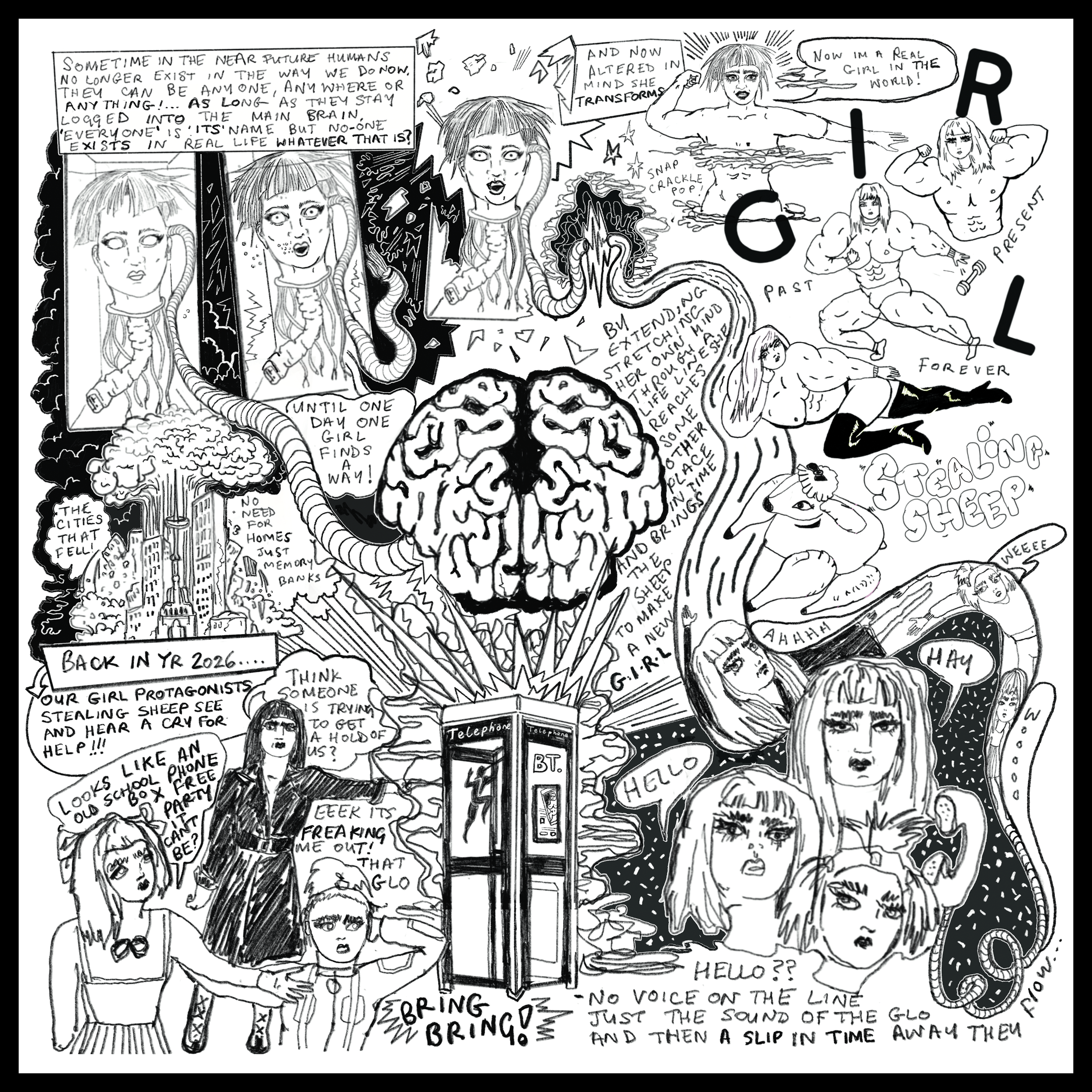 A detailed black-and-white comic-style illustration depicting a futuristic and surreal scene with a girl transforming into a girl with a snake, a talking brain, and various characters and speech bubbles. The scene includes a woman in a lab coat, a phone booth, an exploding cityscape, and multiple figures with expressive faces and speech.