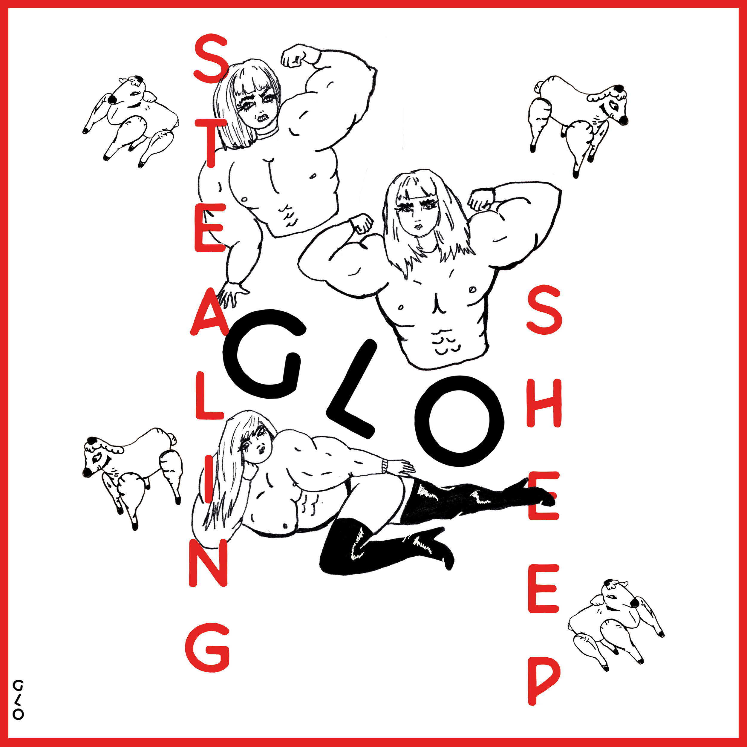 Black and white illustration of a woman in various poses showing her muscular physique, surrounded by small cartoon sheep. The words "STEEL GONG" are written vertically in red letters, and the words "SHAPE" and "GOLD" are written in black letters.