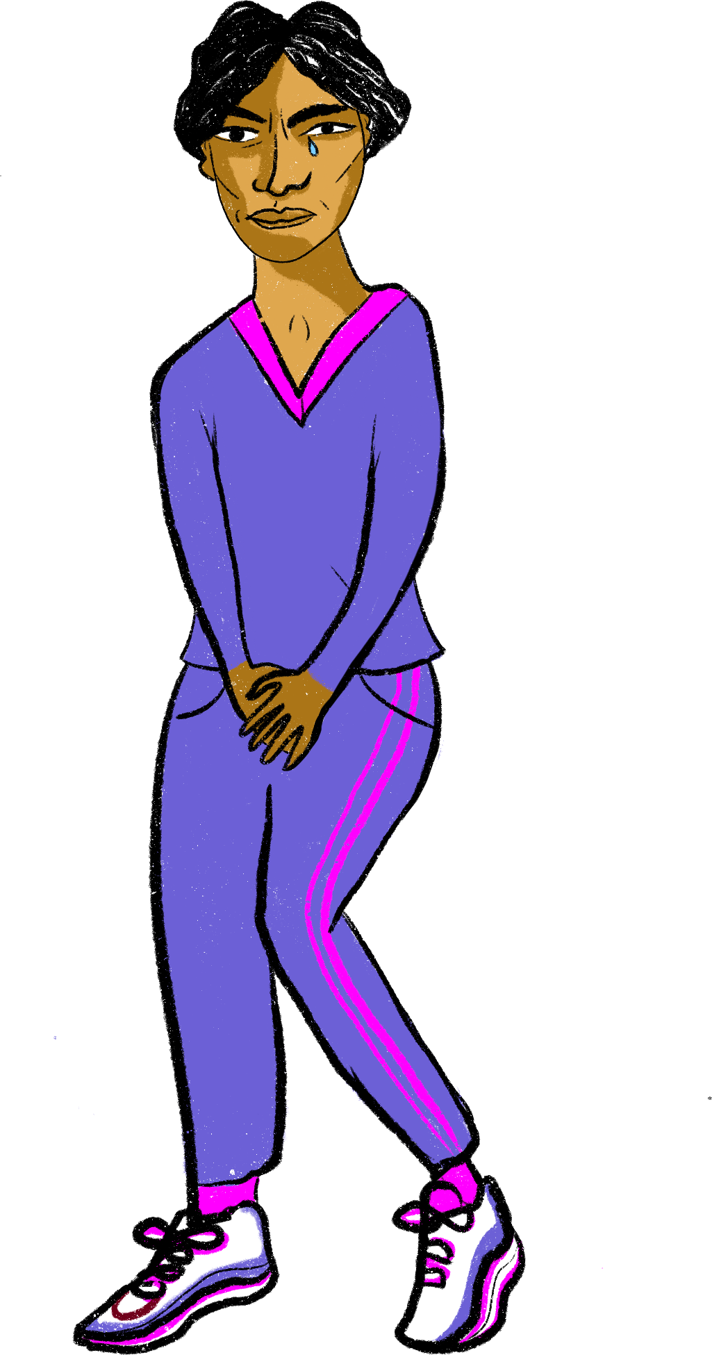 A cartoon woman with dark hair, wearing a purple athletic outfit with pink accents, standing with her hands clasped in front of her, and a tear running down her face.