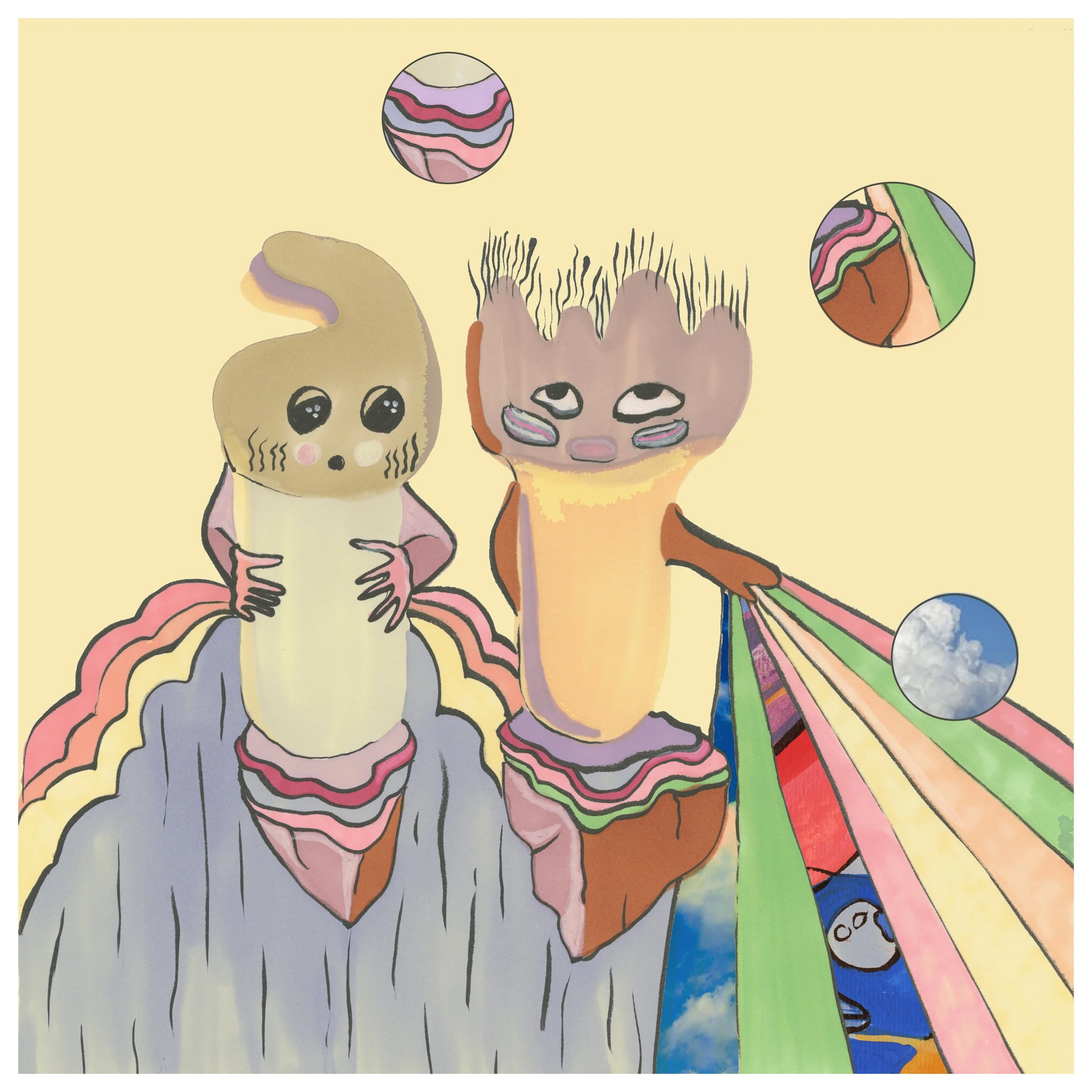 A colorful, surreal drawing featuring two cartoonish, anthropomorphic characters with large eyes and expressive faces, standing on a cracked, stone-like surface with rainbow-colored streams flowing from their bodies, and floating celestial objects like planets and clouds in the background.