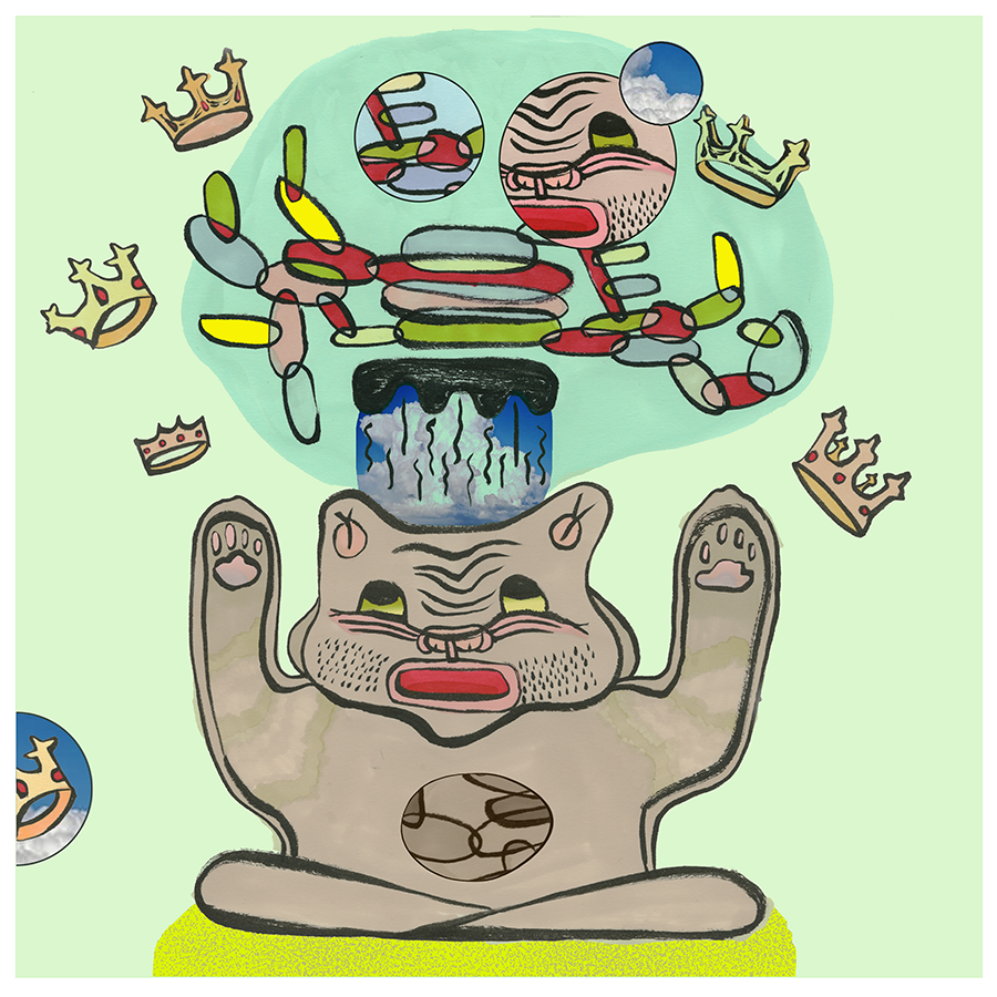 A cartoonish drawing of a lion with closed eyes and an open mouth, sitting cross-legged and holding up both paws. Above the lion, a green cloud contains a stylized crab with red and yellow claws, with a small circular window showing a sky with clouds. Several crowns are scattered around the scene. The background is a light green color.