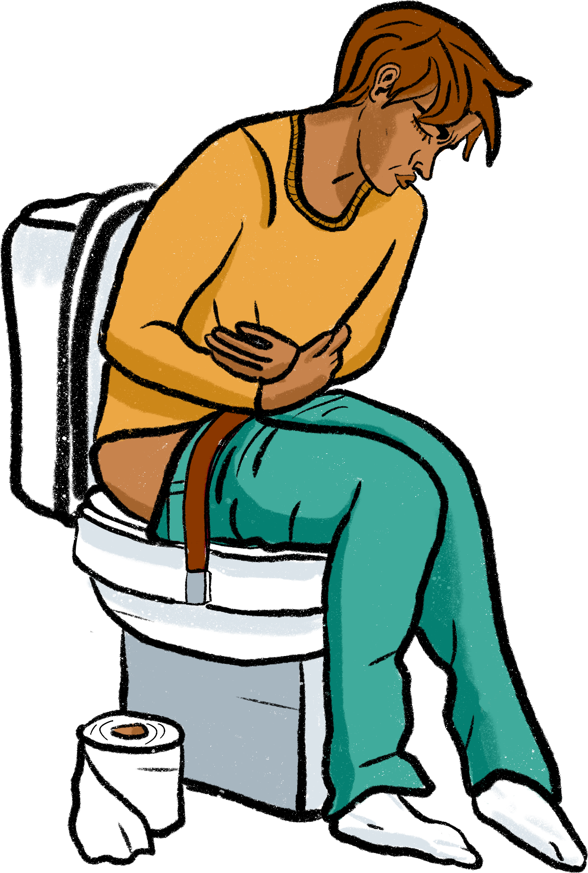 Illustration of a person sitting on a toilet with a stomach ache, clutching their stomach, and with stained pants. A roll of toilet paper is on the floor.