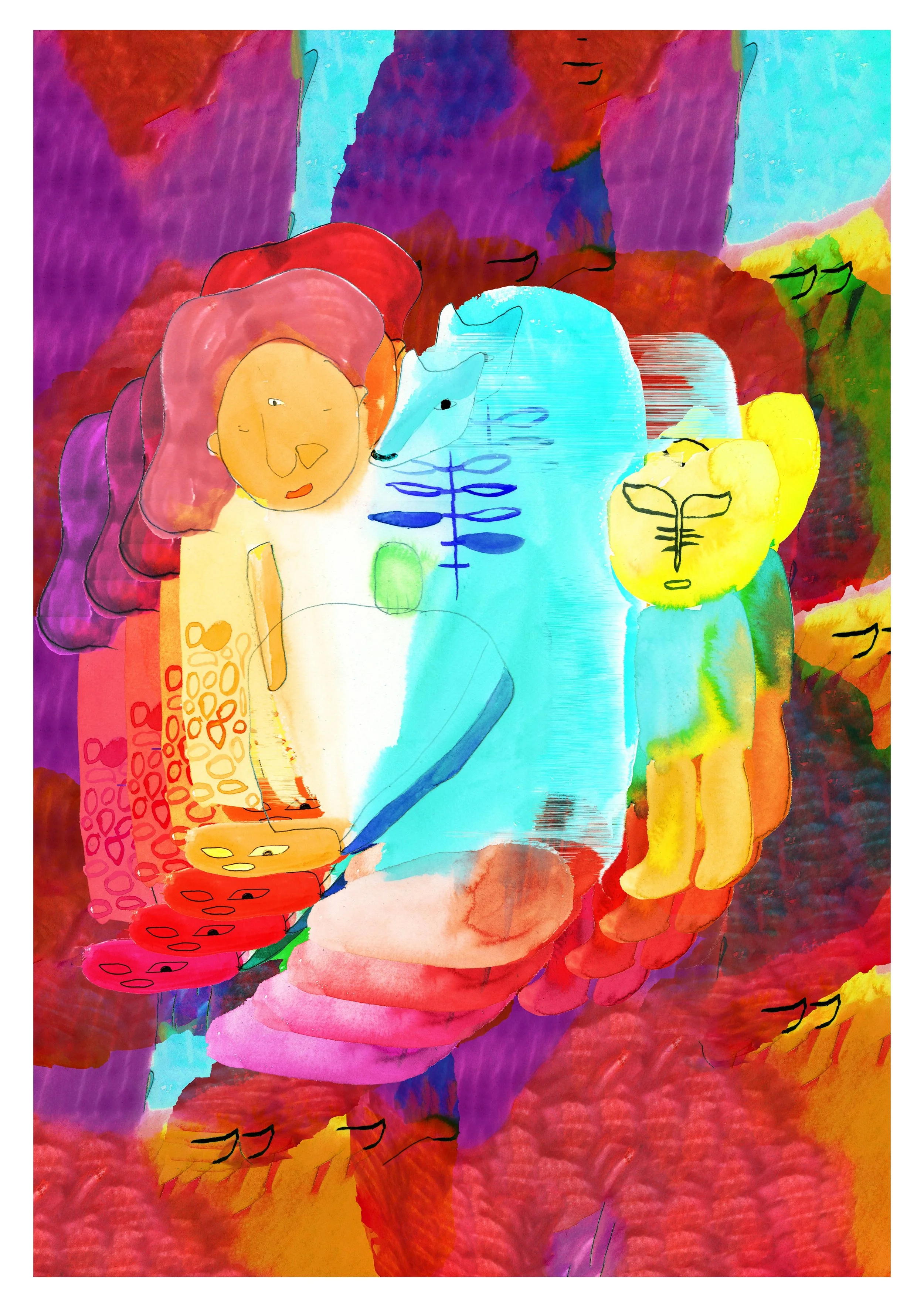 Colorful abstract artwork featuring a central figure with a yellow face and a blonde hairstyle, surrounded by various shapes and vibrant colors including red, purple, blue, and green, resembling a whimsical scene.