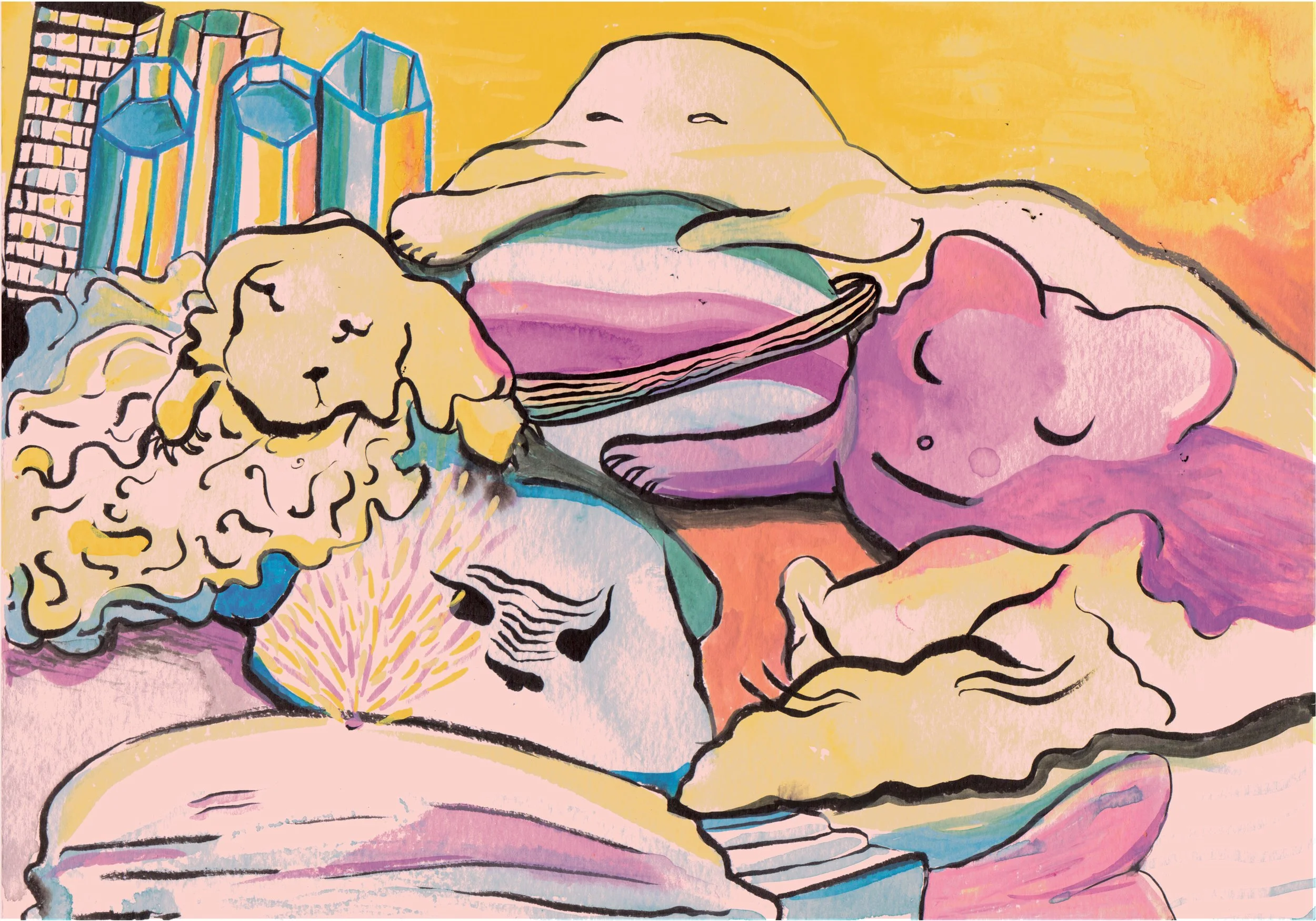 Colorful illustration of various stuffed animals and plush toys on a bed, with a cityscape in the background.
