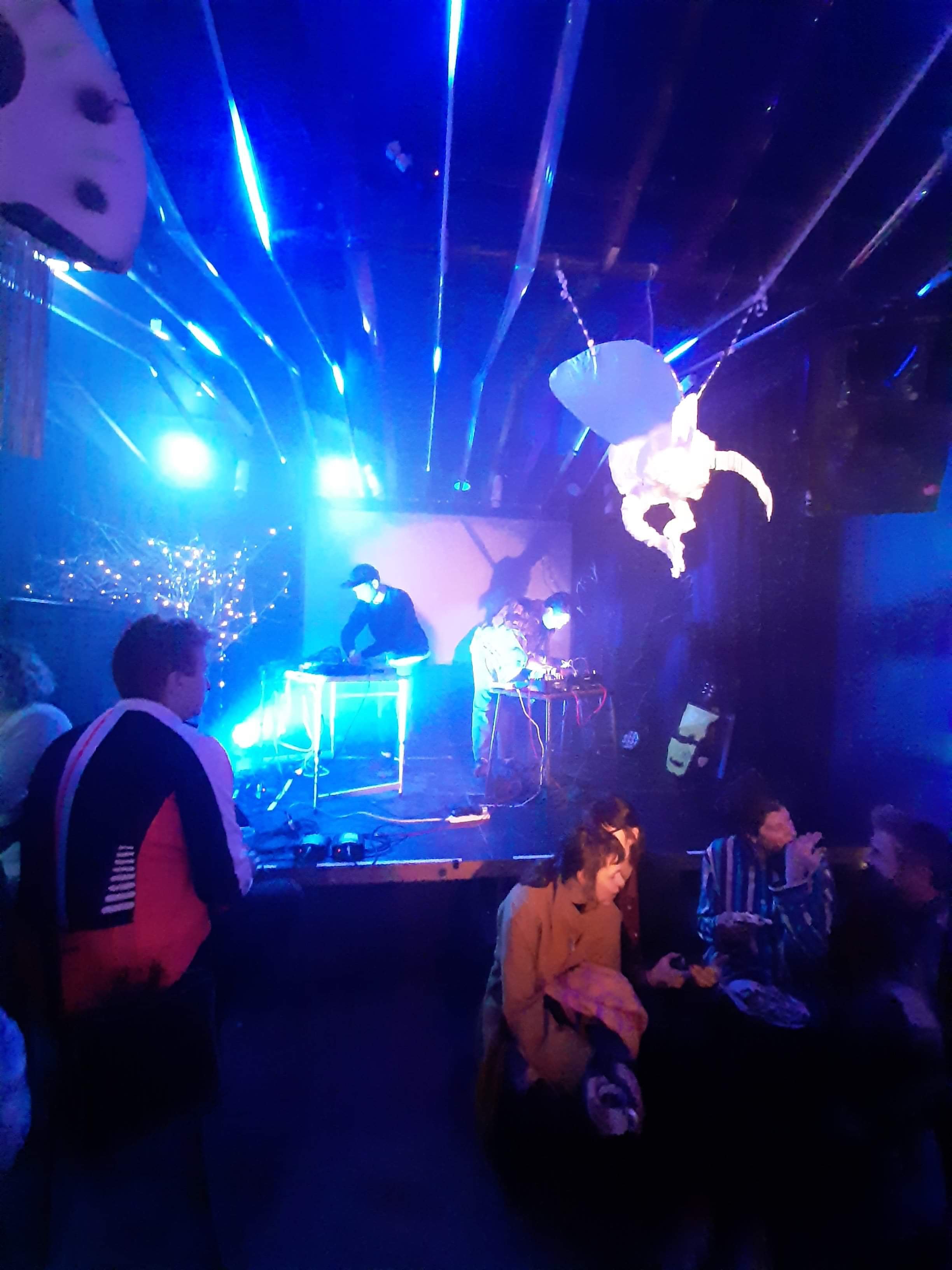 People watching a live DJ performance on a small stage in a dark club with blue lighting and an animated insect projection hanging from the ceiling.