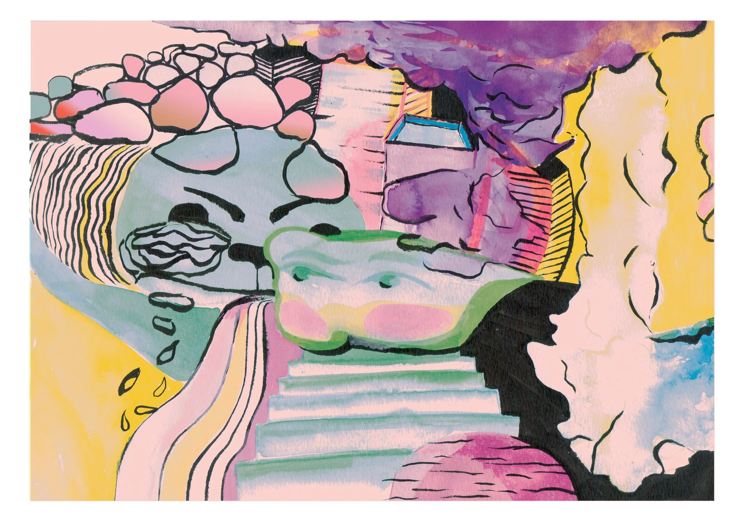 Abstract colorful artwork featuring a stylized lion's face on the left, surrounded by vibrant shapes and patterns, with a staircase leading up to an architectural structure amid a surreal landscape of clouds and bold colors.