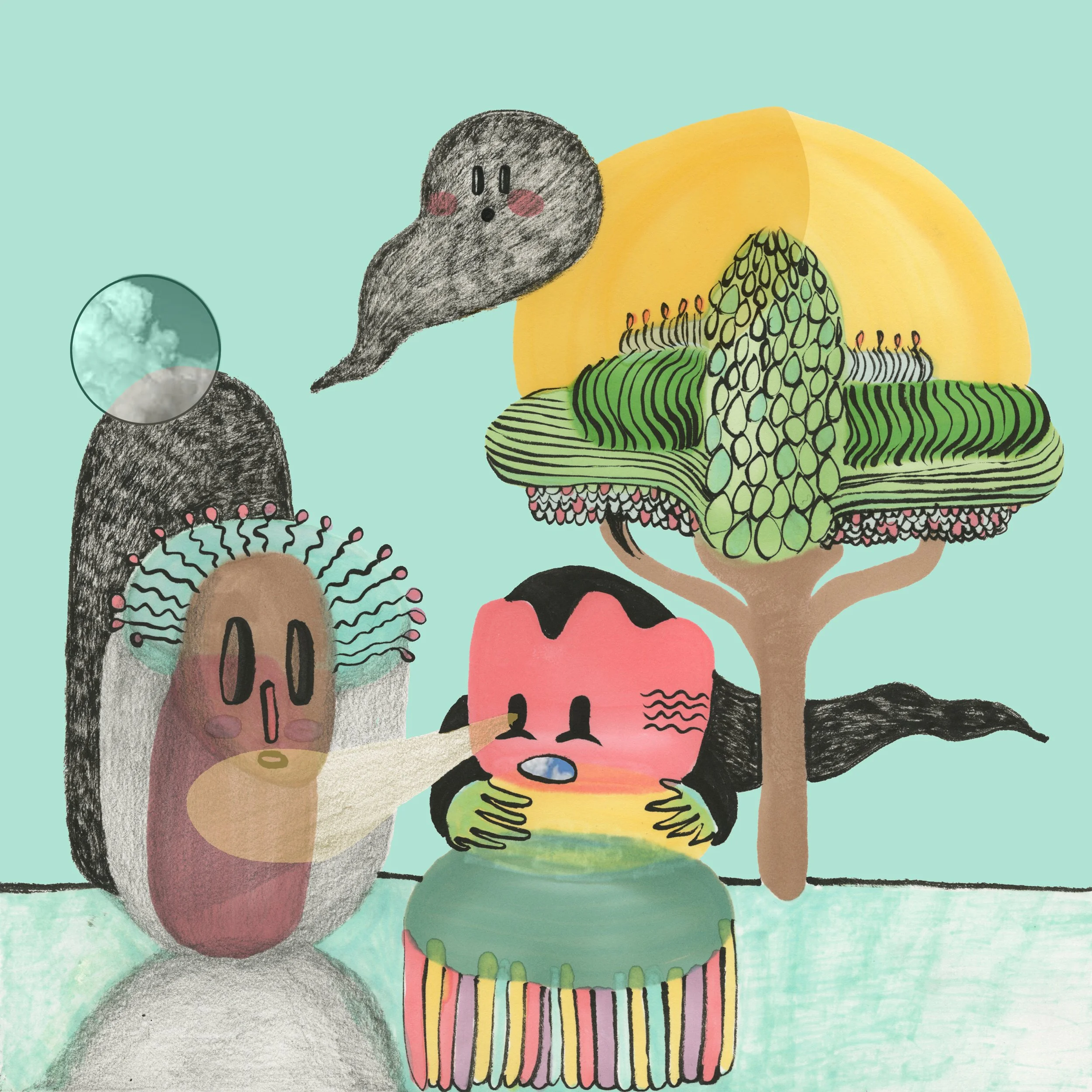 Colorful illustration of a pink and black creature with a cherry-like head, holding a blue ball, surrounded by abstract trees and creatures against a light green background.