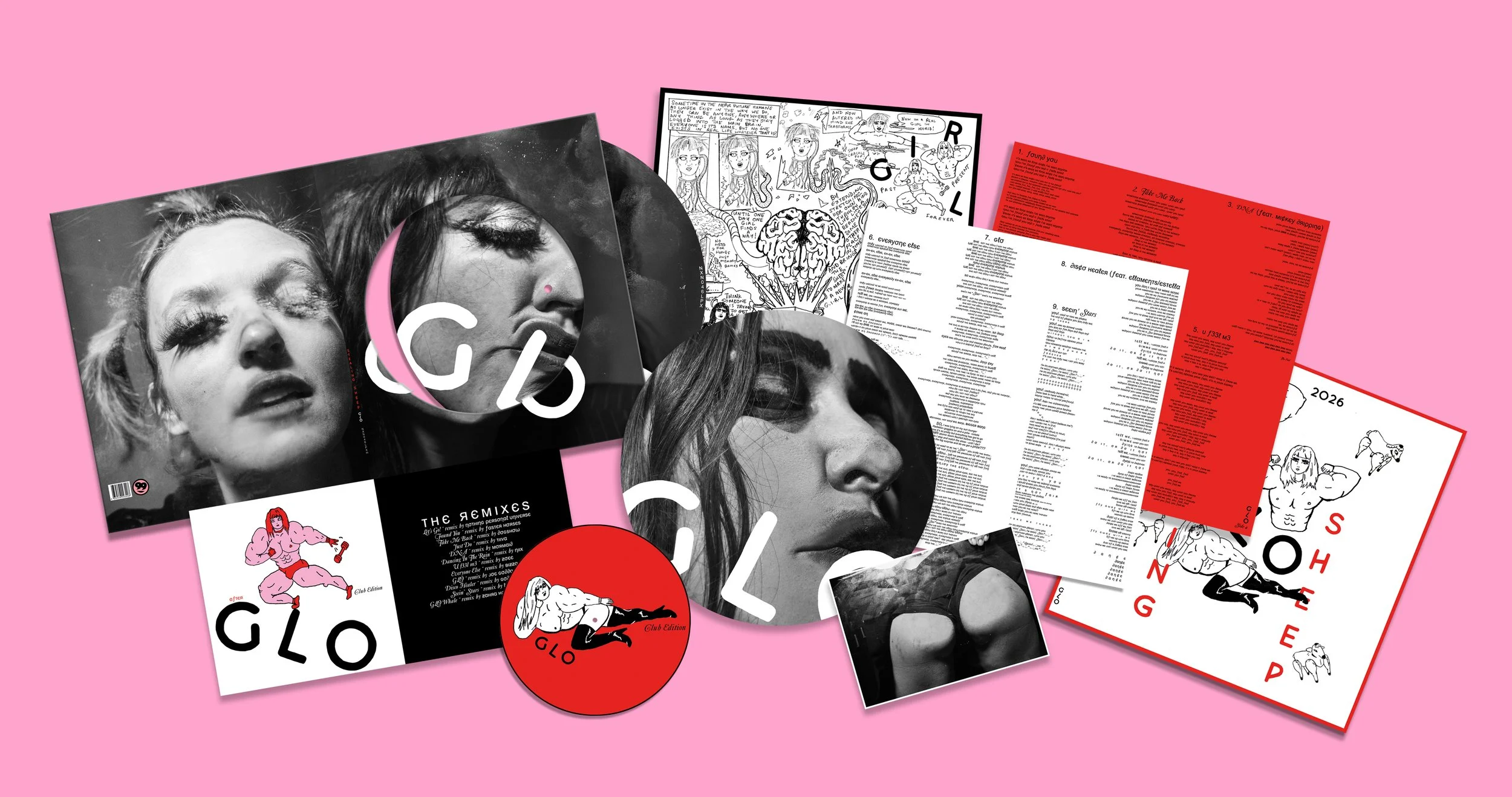 Collection of GLO album materials including vinyl records, posters, and printed sheets with black and white and red designs on a pink background.