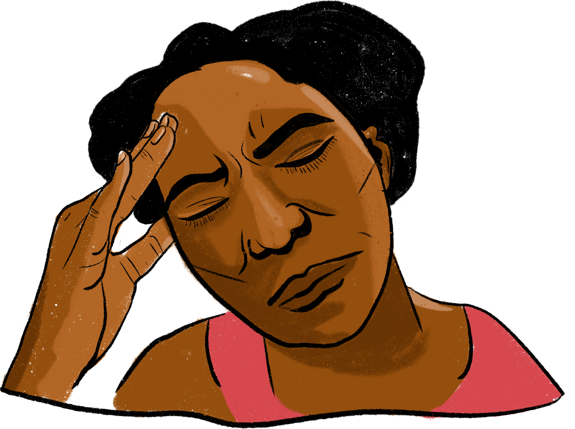 Digital illustration of a woman with a bald head and brown skin, holding her forehead with a pained or distressed expression, wearing a pink sleeveless top.