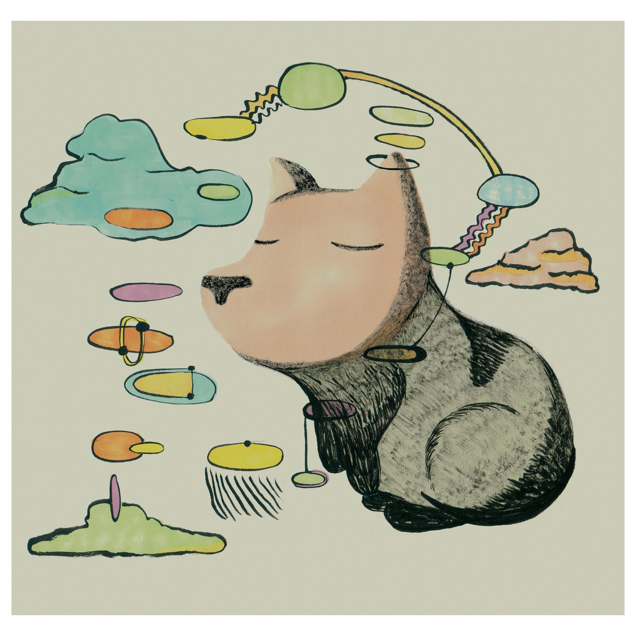 Illustration of a sleeping dog with closed eyes, surrounded by colorful abstract clouds, shapes, and lines.