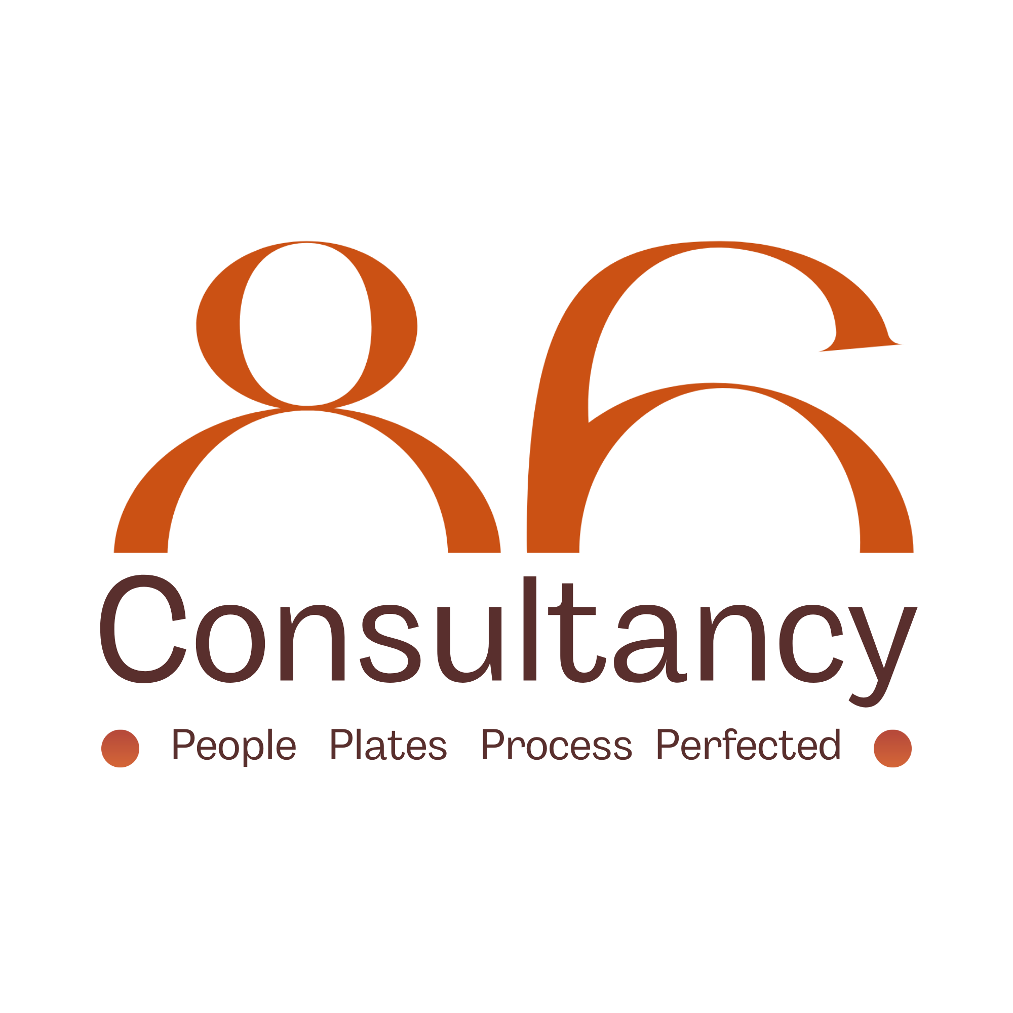 Logo for 86 Consultancy featuring stylized number 86 with human figures, and the words 'People, Plates, Process, Perfected'.