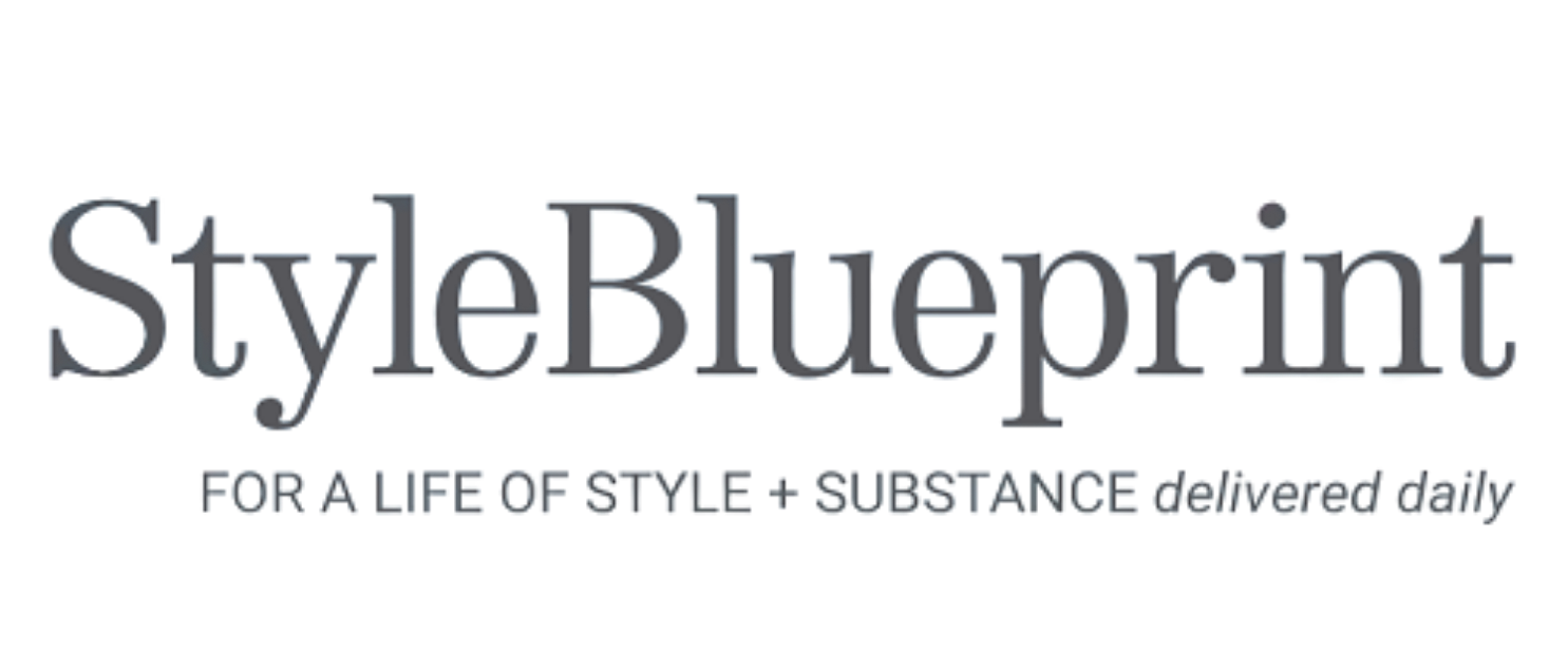 Stylish blue and gray logo with the words "Style Blueprint" and the tagline "For a life of style + substance - delivered daily."