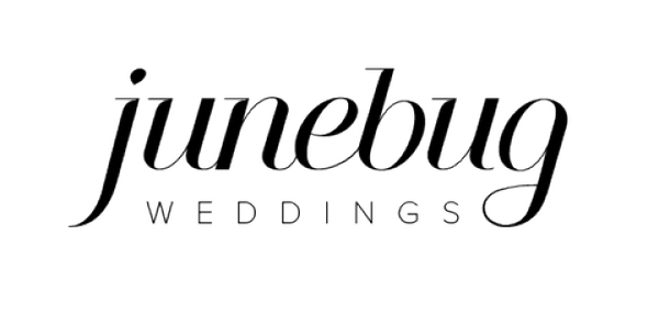 Logo for JuneBug Weddings with stylized cursive text on black background.