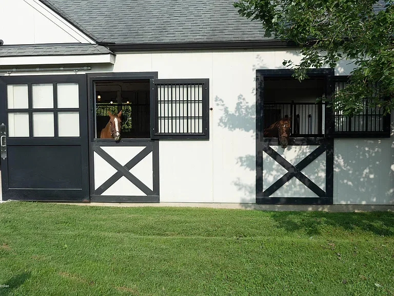 Two horses peeking out from stable stalls with black doors and windows, on a well-maintained grassy area.