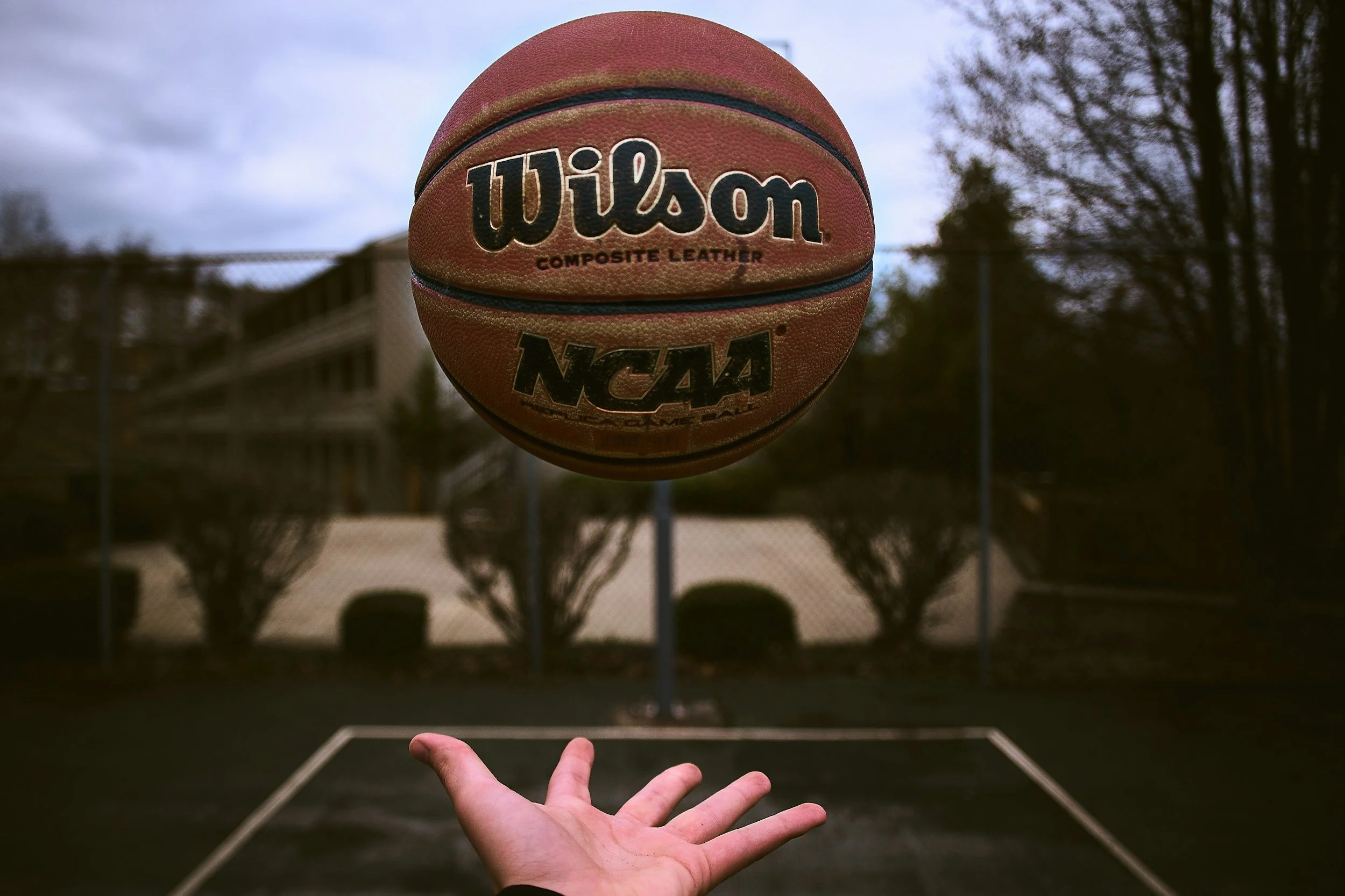 A Wilson NCAA basketball suspended in mid-air above a person's hand on a basketball court with a fence, trees, and buildings in the background.