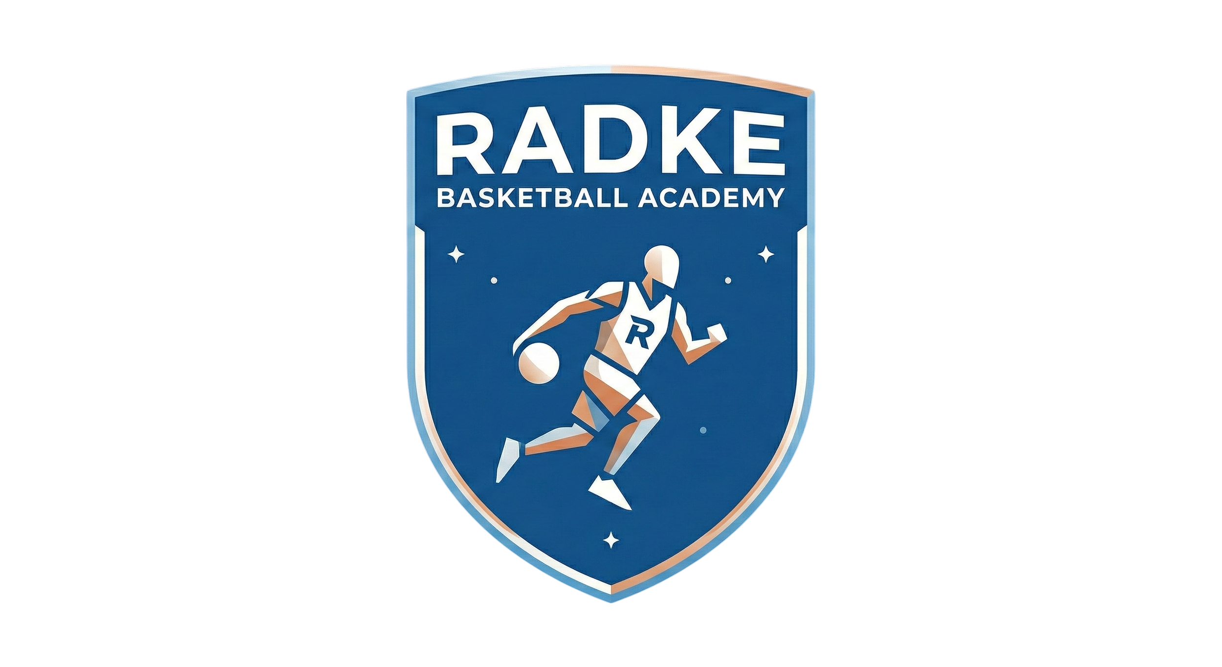 Logo of Radke Basketball Academy featuring a stylized basketball player running with a ball, on a blue shield-shaped background.