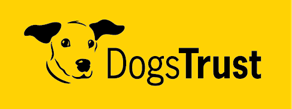 Logo for Dogs Trust featuring a black and white dog's face and the text 'Dogs Trust' on a yellow background.