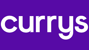 Logo with the word 'currys' on a purple background