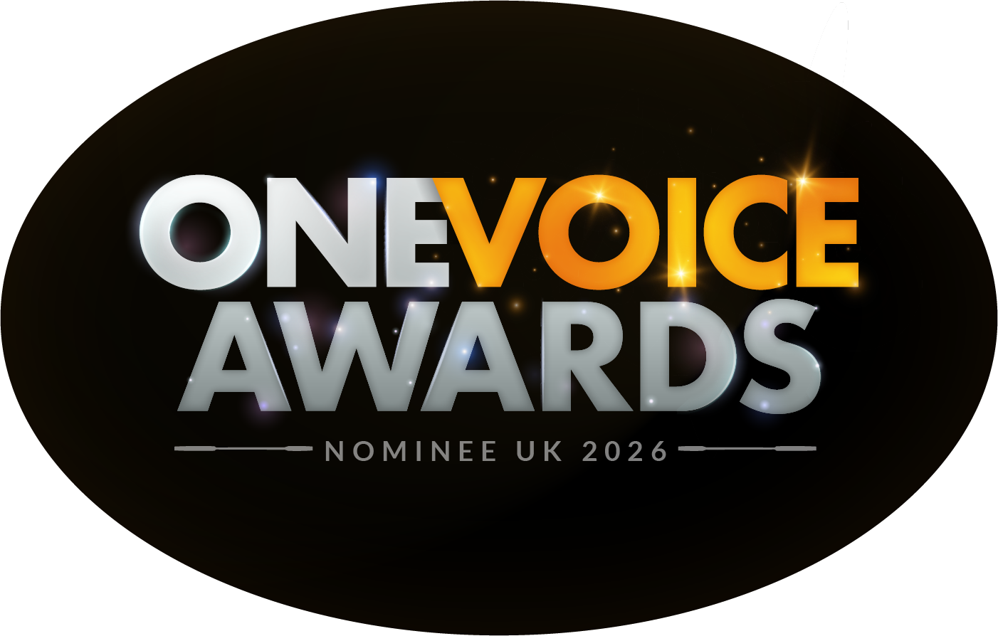 Logo for the One Voice Awards 2026 UK, with text in bright colors and small sparkles.