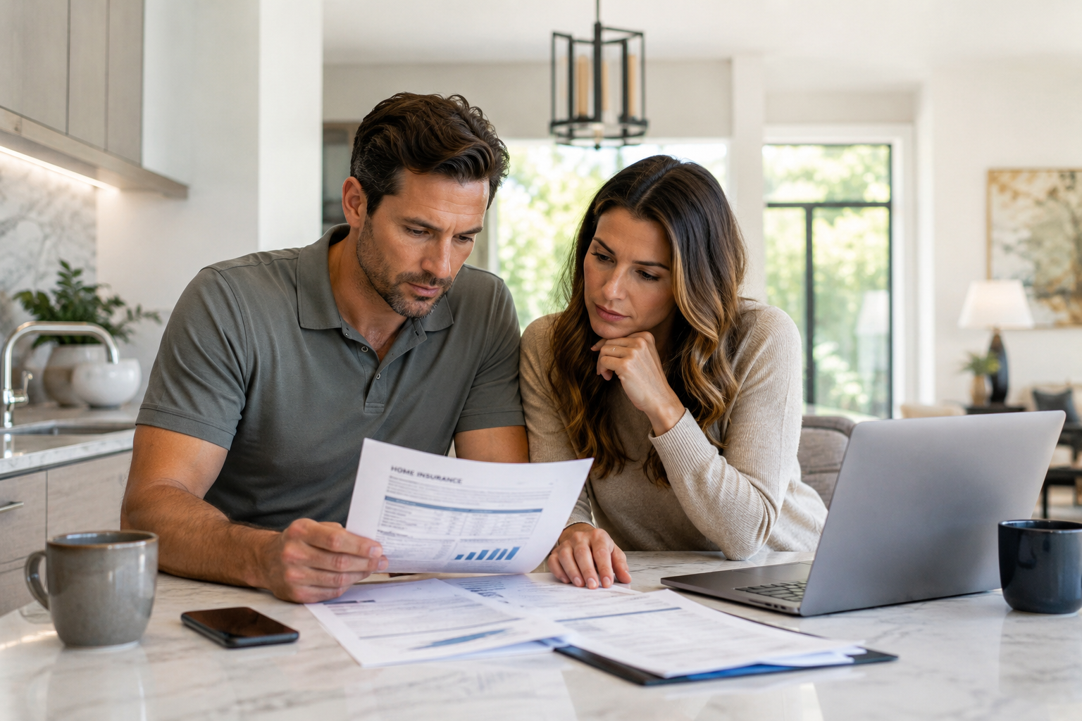 couple looking at papers and using a computer