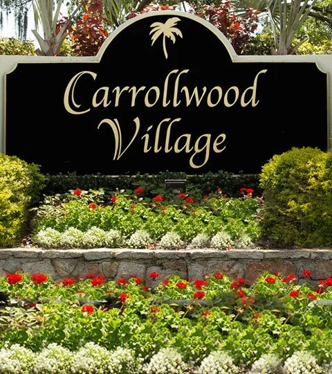 sign of carrollwood village surrounded by flowers
