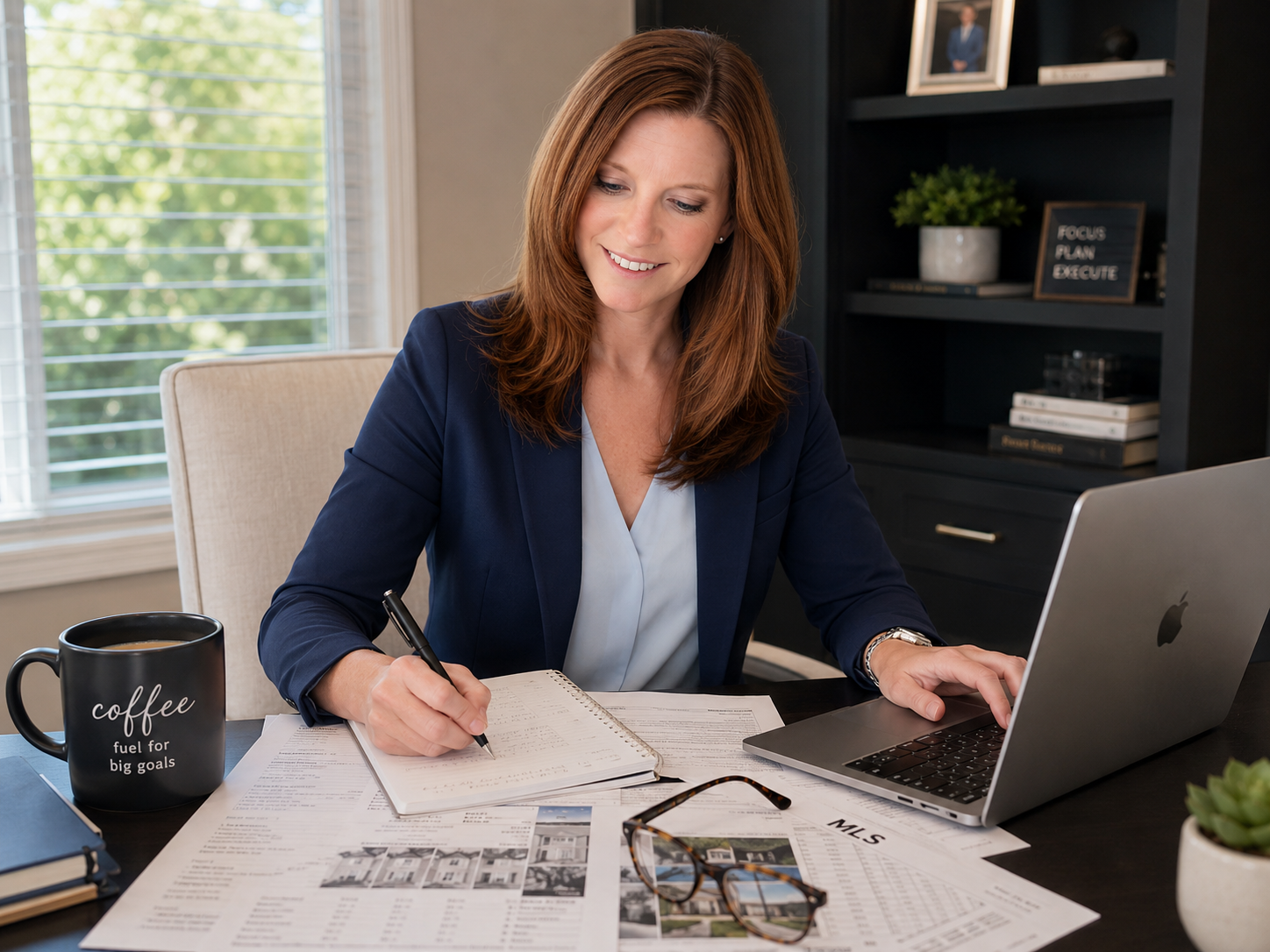 tracey looking at paperwork on the desk